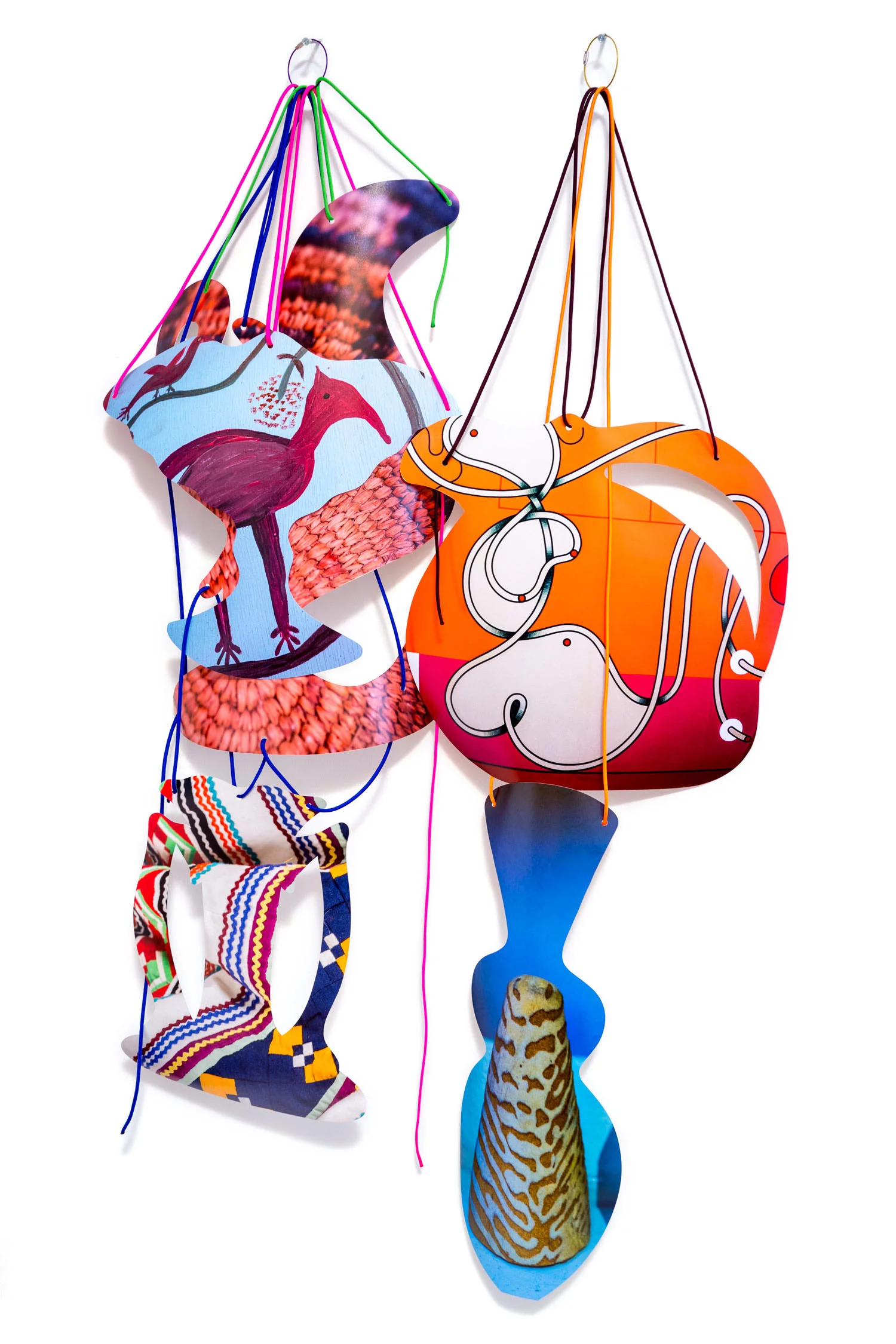  Rejoining Roger Brown:  Virtual Still Life: Service with a Smile , 2016  cut-up inkjet prints, paracord, cable rings  dimensions variable 