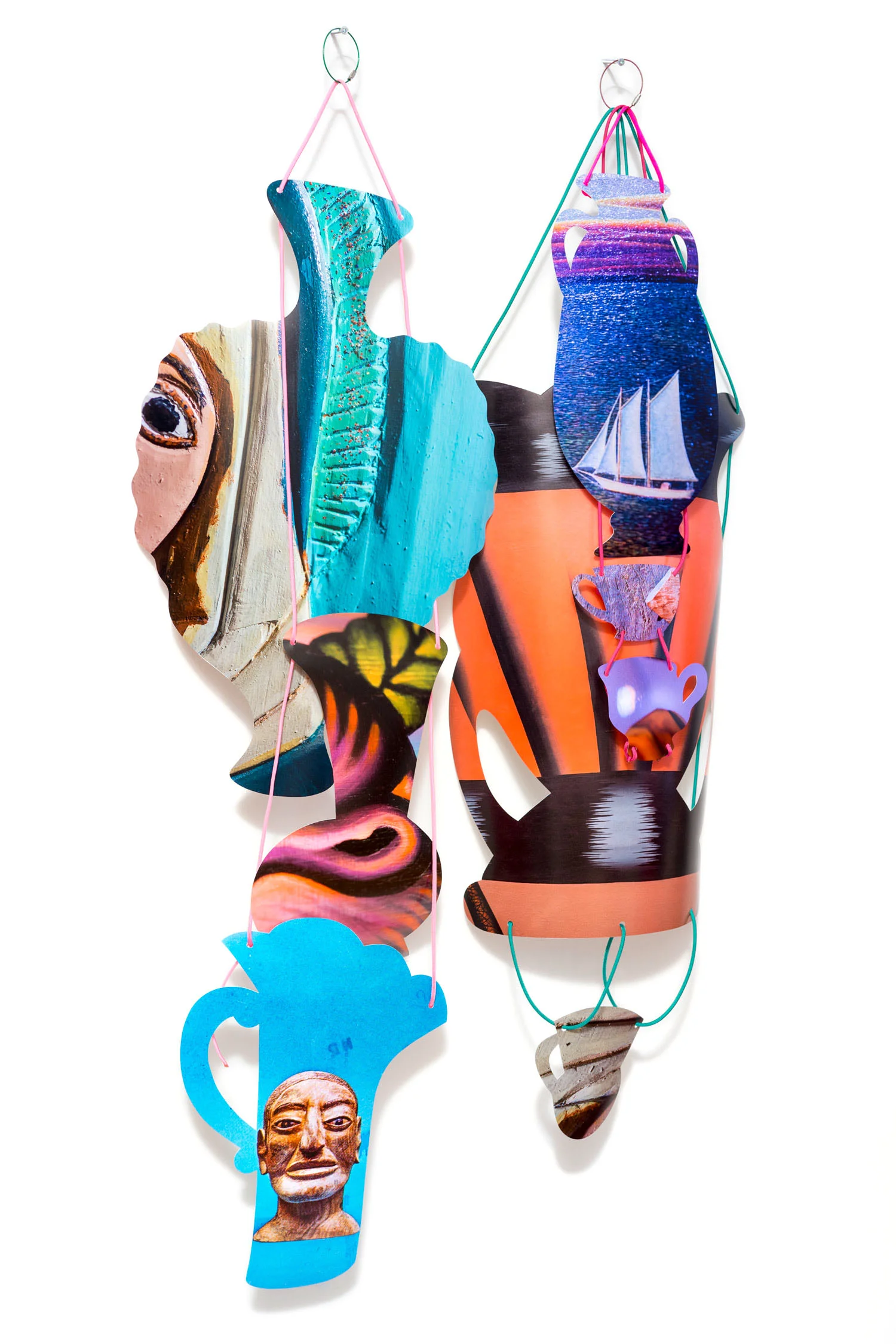  Rejoining Roger Brown:  Virtual Still Life: Service with a Smile , 2016  cut-up inkjet prints, paracord, cable rings  dimensions variable 