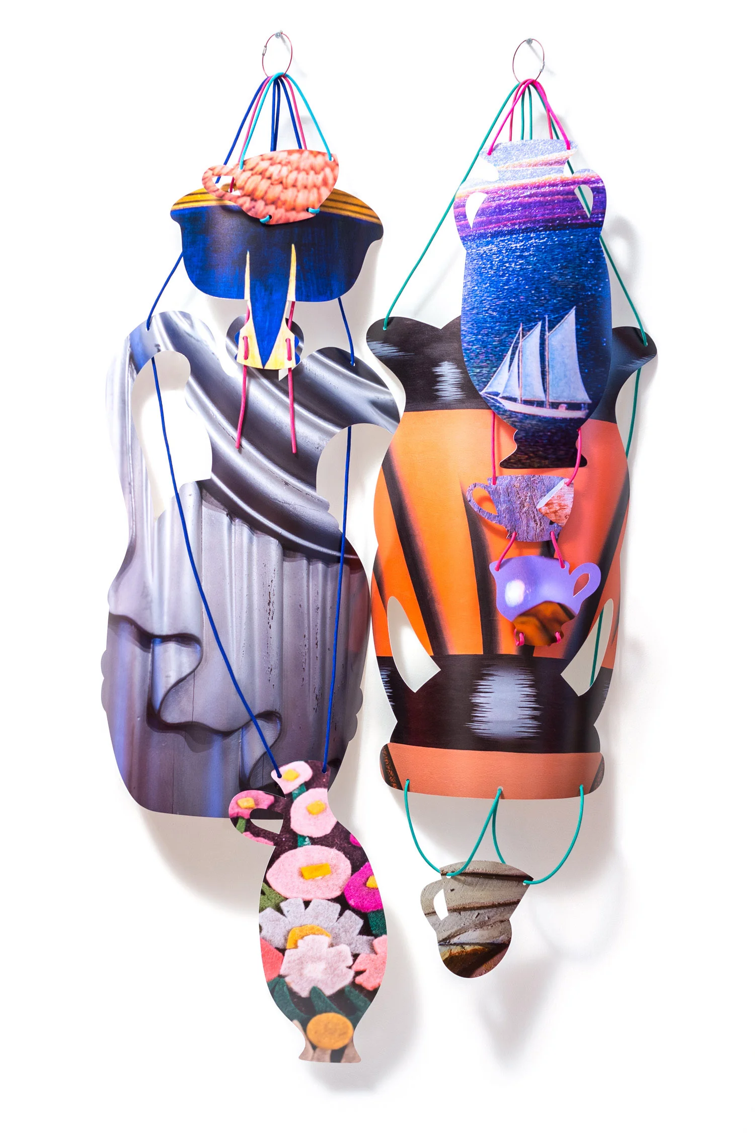  Rejoining Roger Brown:  Virtual Still Life: Service with a Smile , 2016  cut-up inkjet prints, paracord, cable rings  dimensions variable 