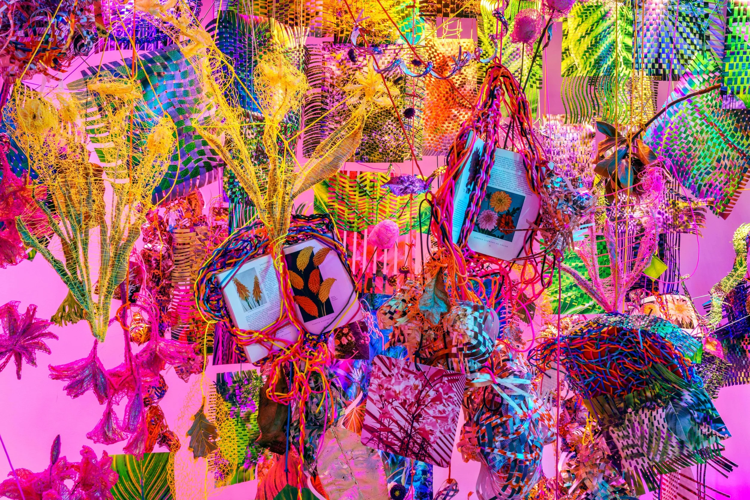   Matter in the Hothouse , 2022  cut and woven photographs, paracord, polymer chains, miniature clothespins, filament drawings, dried lemons, plant matter, vintage garden books, grow lights on fabric cord  dimensions variable  SF Camerawork at Minnes