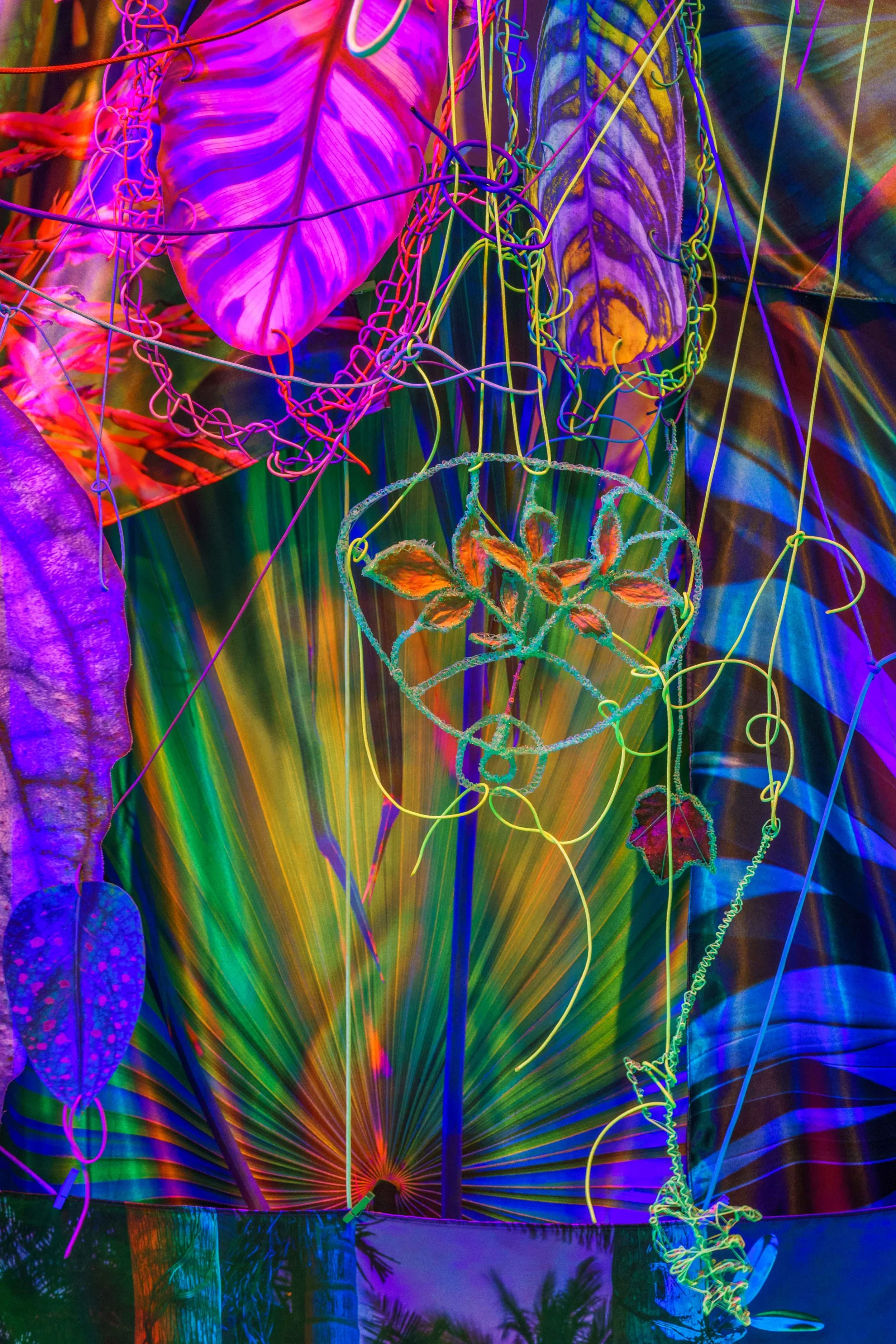 Through the Hothouse (detail), 2024 Photographs, paracord, miniature clothespins, papier-mâché, bioplastic, gold leaf, botanical specimens, grow lights, filtered light. Details from a 92-foot-long immersive installation transforming a vital hallwa