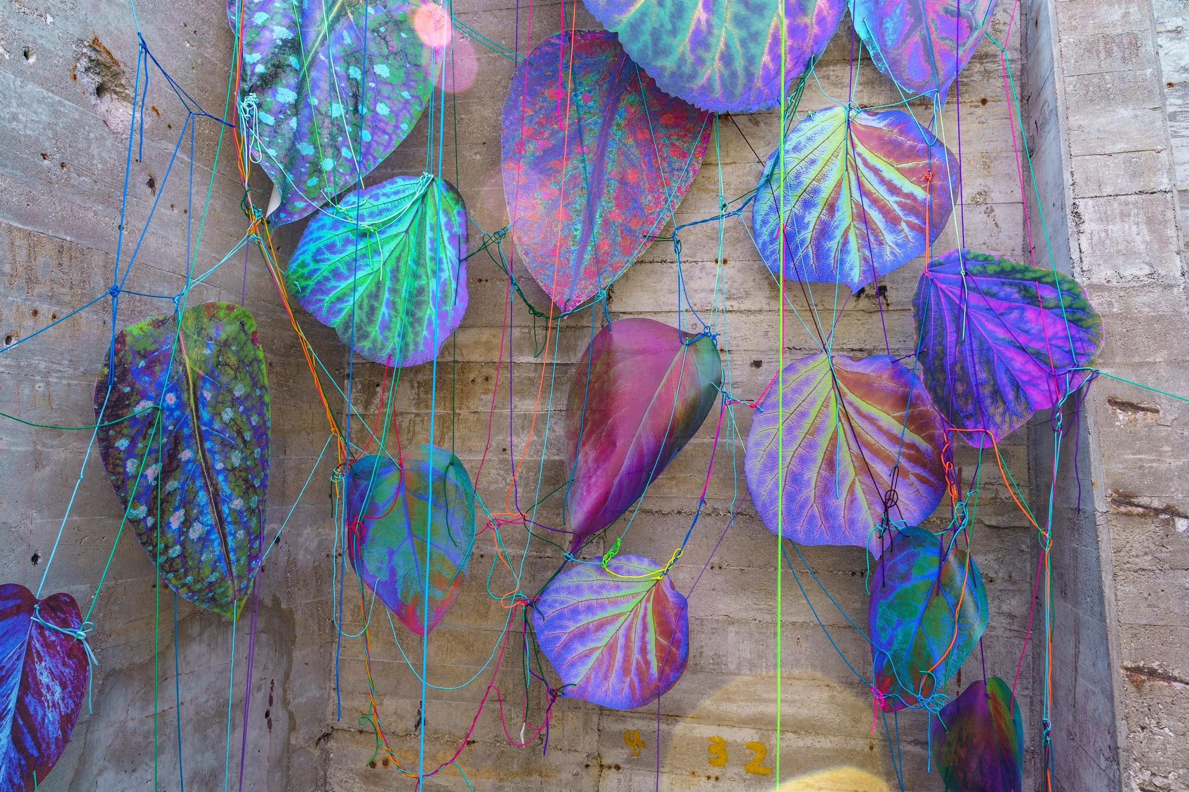  Hold Tight, 2024  Materials: Photographs, paracord, driftwood  Dimensions: Site-specific installation in 418 square foot unconventional, outdoor exhibition space with 15foot tall walls  Exhibition: Solo exhibition at NON STNDRD, Sauget, IL 