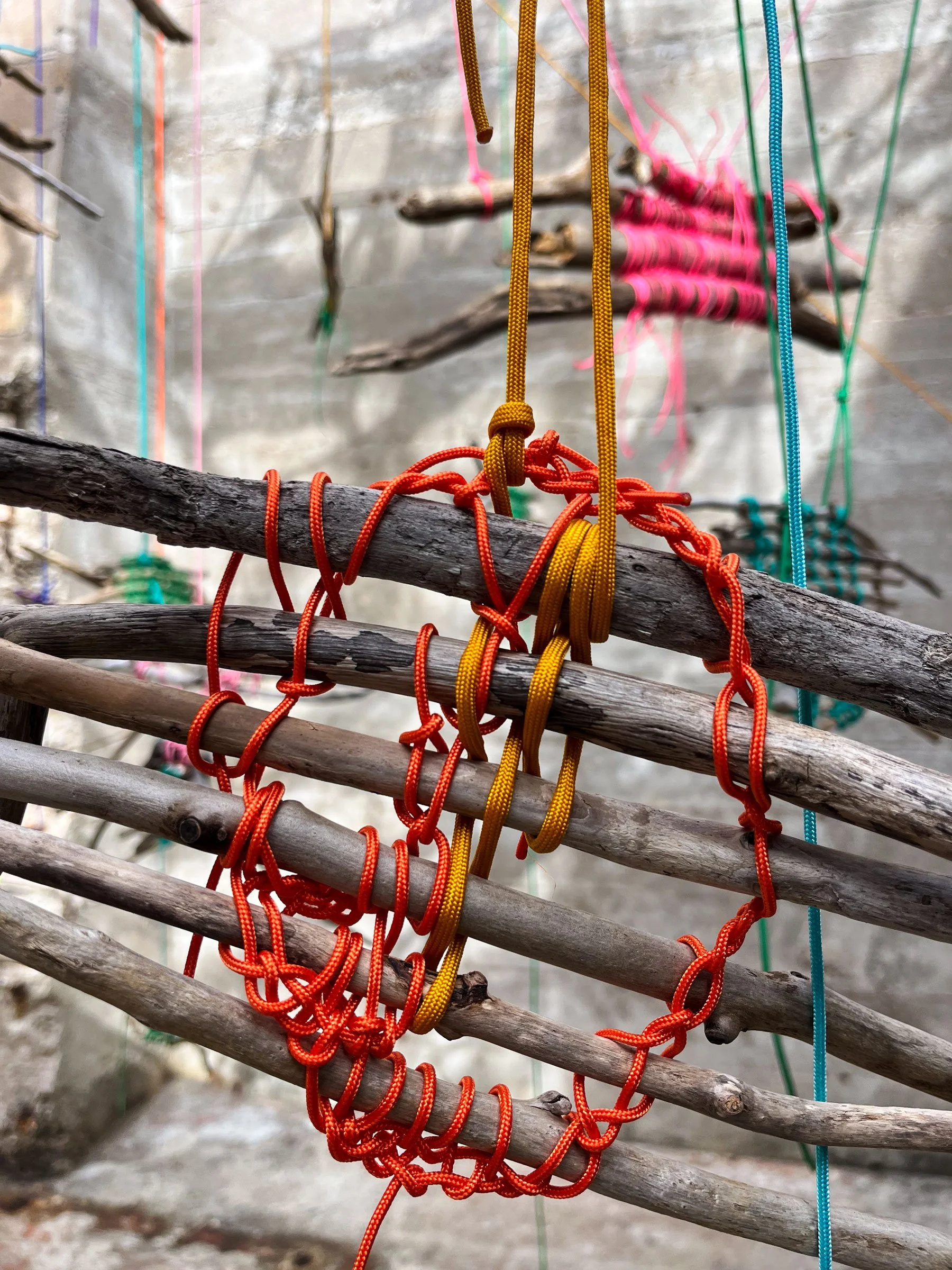  Hold Tight, 2024  Materials: Photographs, paracord, driftwood  Dimensions: Site-specific installation in 418 square foot unconventional, outdoor exhibition space with 15foot tall walls  Exhibition: Solo exhibition at NON STNDRD, Sauget, IL 