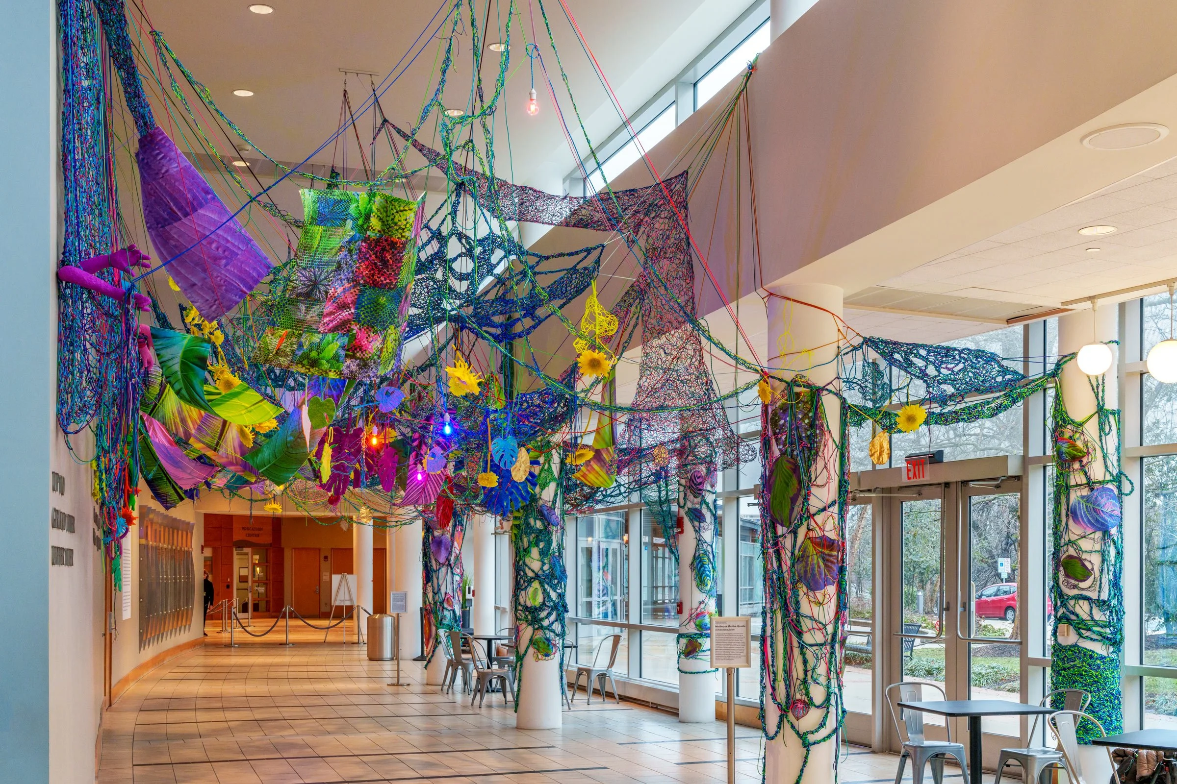 Hothouse on the upside, 2025 Paracord, photographs, bioplastic, plant matter, filtered light. Site-specific installation measuring 39 ft. long × 14 ft. wide, installed in a space with 18-ft. ceilings at Strathmore in Bethesda, MD For this install