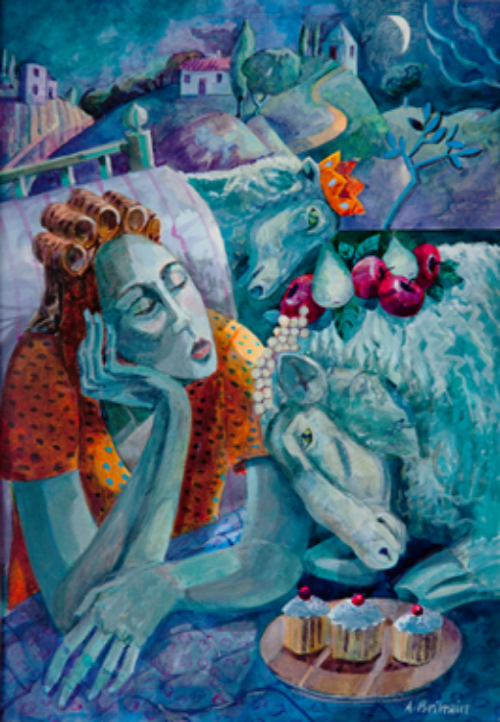Angela Brittain, I can't sleep 2 . Watercolour on paper 38x48cm.