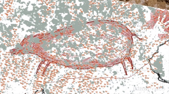Prehistoric Indonesian cave paining of a fruit-eating pig-deer called babirusas