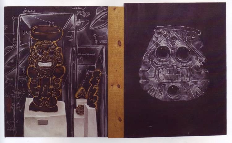 Martin Wong Taino Invasion from Outer Space, 1993, Oil on canvas and mixed media, 62 x 104 inches