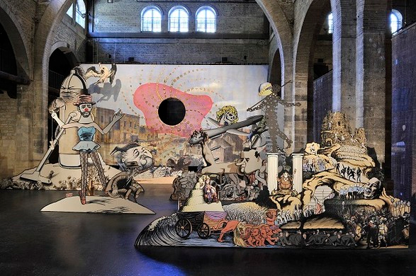 Jim Shaw, Labyrinth: I Dreamt I was Taller than Jonathan Borofsky, 2009. Installation; acrylic on muslin canvas stretched over plywood panels, dimensions variable. Collection Eric Decelle, Brussels.