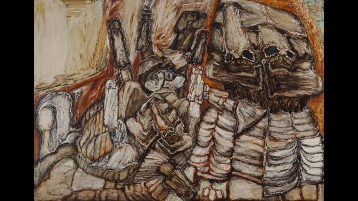 Leon Golub, Siamese Sphinx II, 1955, Lacquer on Masonite. Private Collection.