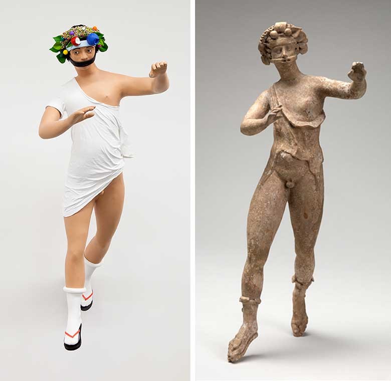 A life-size sculpture by Tom Friedman (left) corresponds to an ancient Greek figurine from the Mead collection (right).