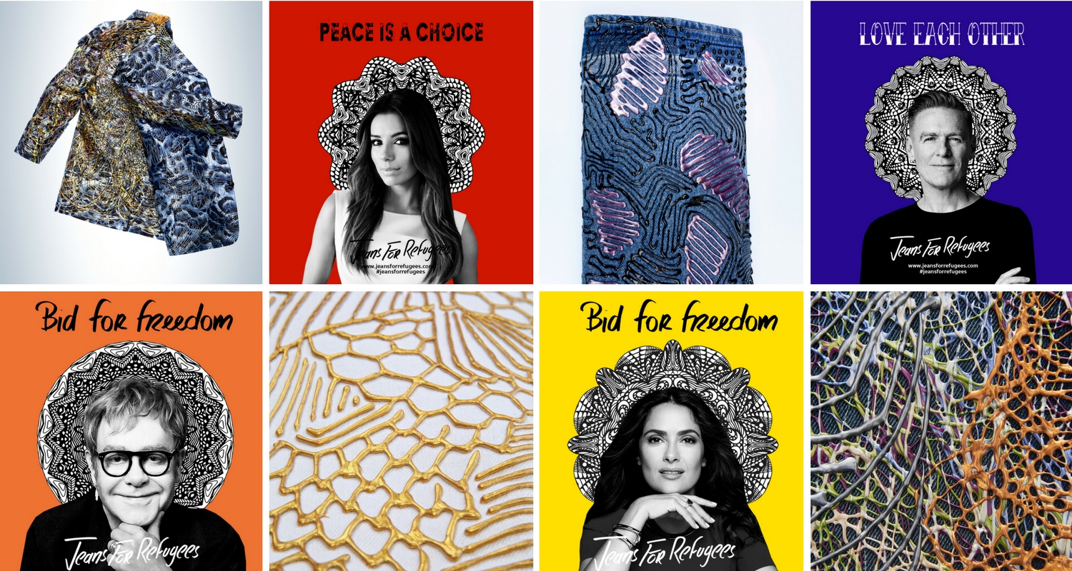 Jeans donated by Elton John , Eva Longoria , Salma Hayek and Bryan Adams , hand painted by Johny Dar.