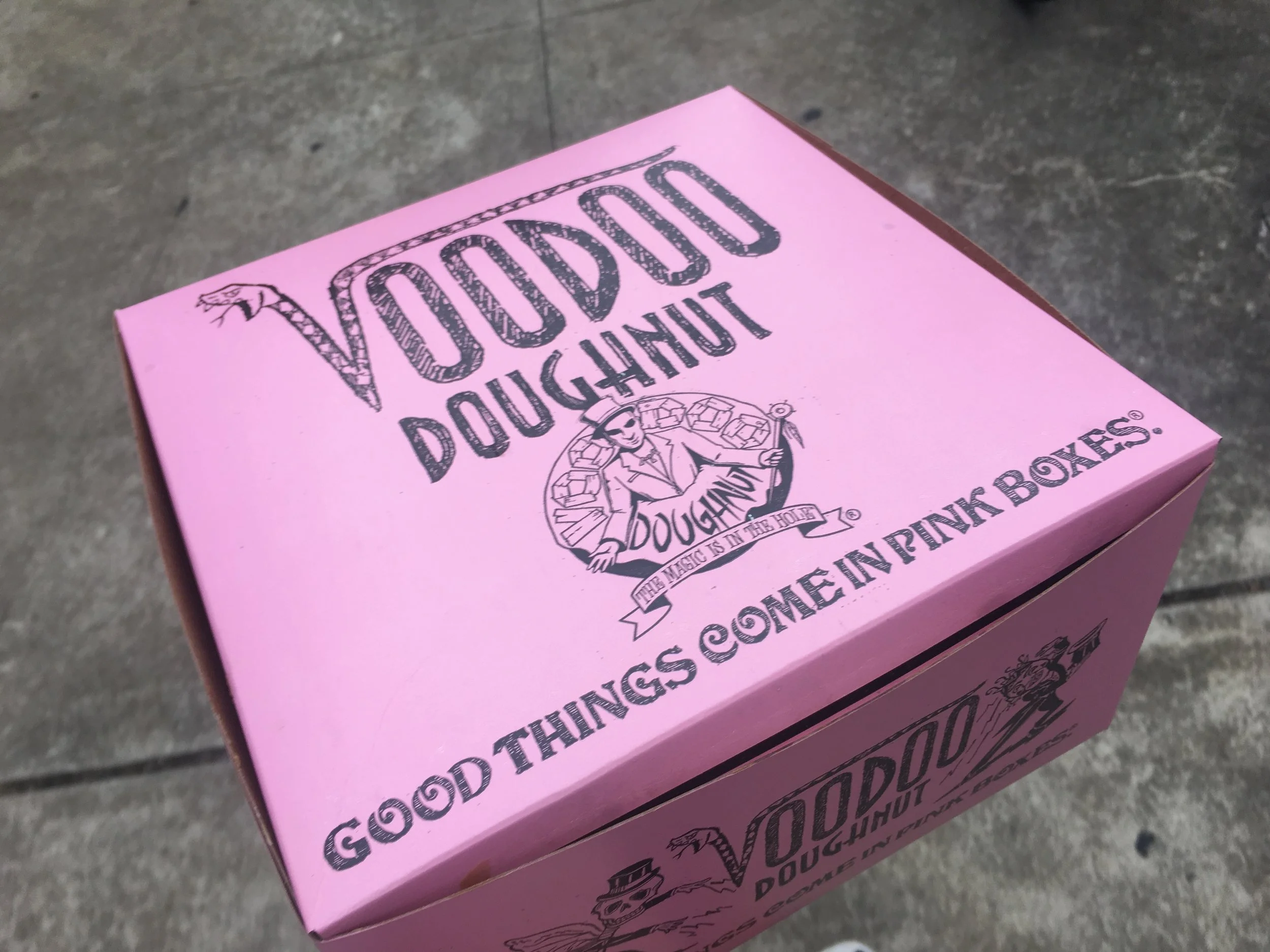 The famous Pink Box of Voodoo Doughnuts