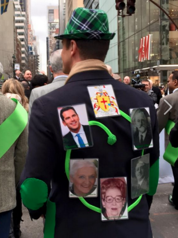 Thomas Roberts in the 2015 St. Patricks Day Parade paying homage to his Irish lineage with a Fleur by Fleur'd Pins as the center piece