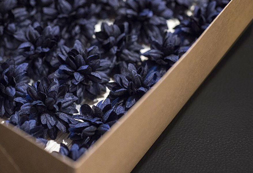 Custom navy silk Fleurs in our Dahlia silhouette