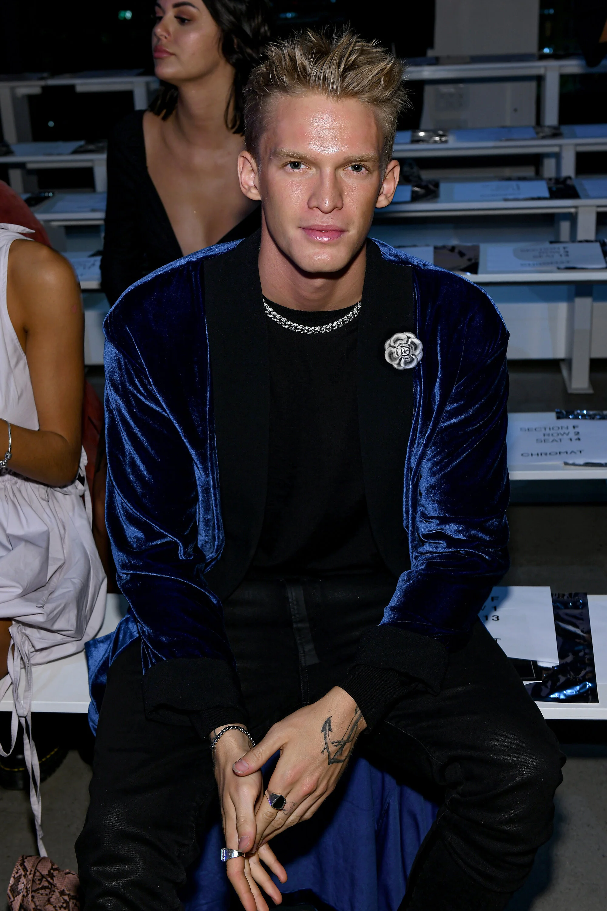 Australian Singer Cody Simpson wears Fleur'd Pins' Silver Leather Camellia lapel flower to Chromat during NYFW SS20 - photo by Andrew Werner .jpg