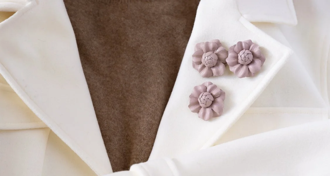 Fleur'd Pins Mini Rose Quartz Leather Gardenias on Spring Coat Banner - photo by Andrew Werner.jpg