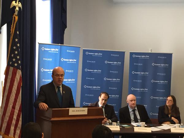 Rep. Jim McGovern kicks off the Congressional briefing with a pitch for an interagency review of the U.S. government's relationship with Bahrain, alongside panelists Muhammad Al-Tajer (Bahraini human rights lawyer), Brian Dooley (Director of Human Rights Defenders at Human Rights First), and Staci Strobl ( Crimcast , John Jay College of Criminal Justice).