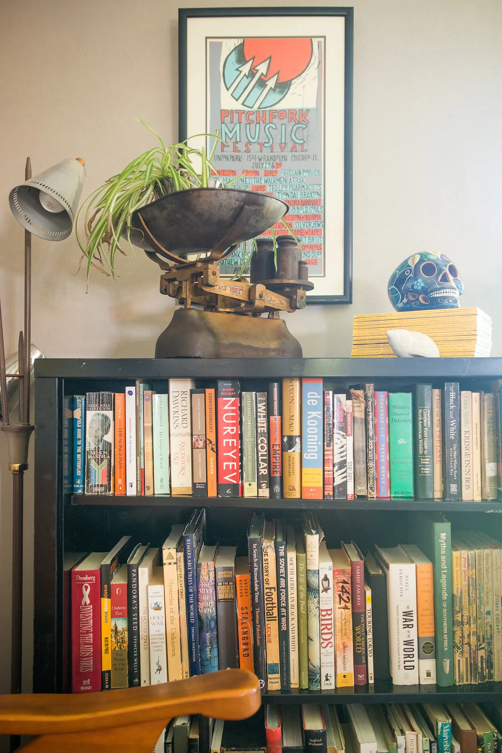 The scale moved with us when we came over. The skull came from Santa Fe. The festival poster was given to us by one of our Peace Corps friends (remember, Kate?) and the books we've both been acquiring since we got here. Ask me about my "Birds" book. 