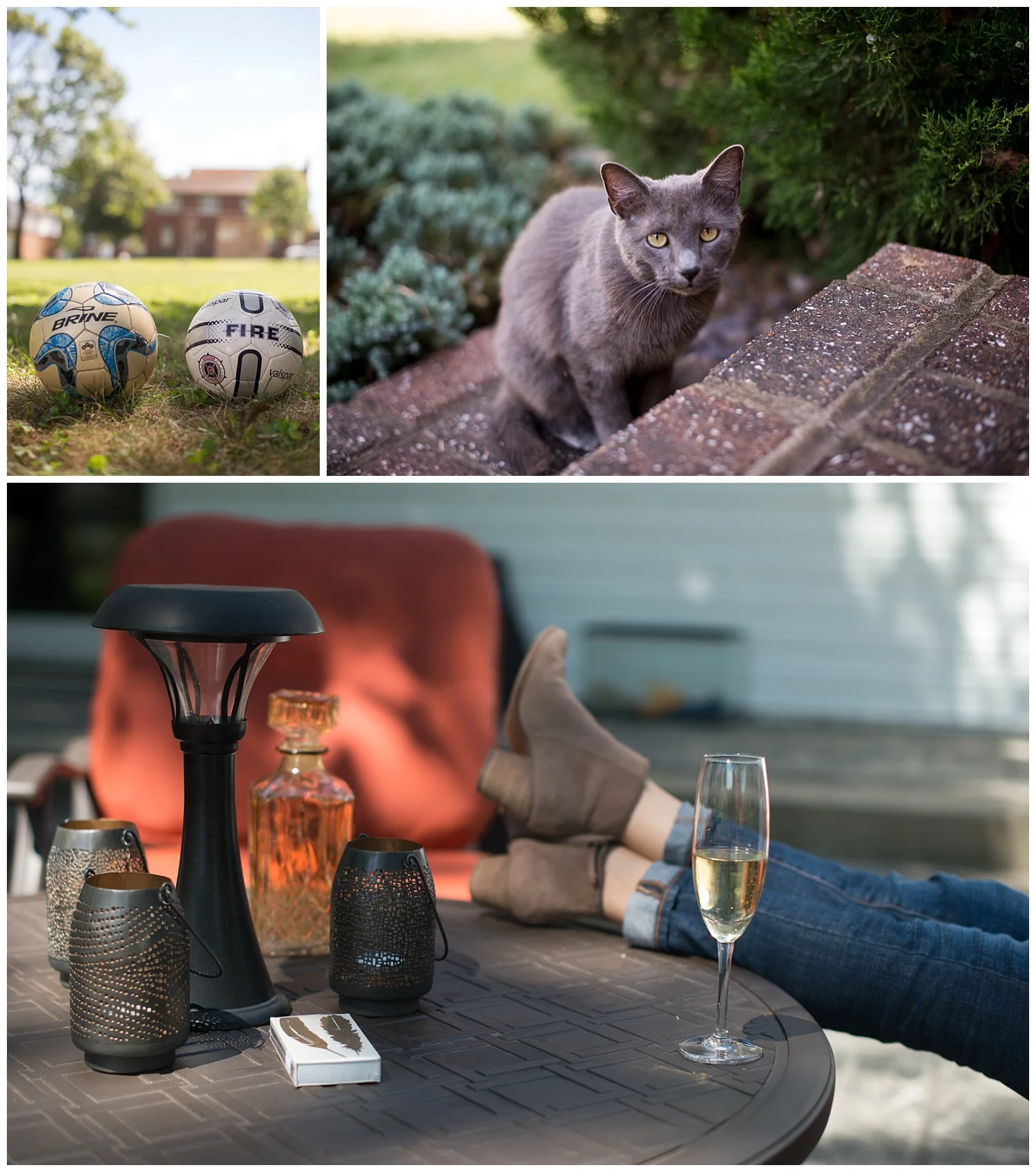 The Bailey's have the perfect backyard. Catherine has shared her love for soccer with her boys and they spend a lot of time there kicking around soccer balls - one they got from this summer's Chicago Fire soccer camp. Remember what I said about her impeccable style? Check those cute booties. And the champagne. Of course she had it waiting for us. 