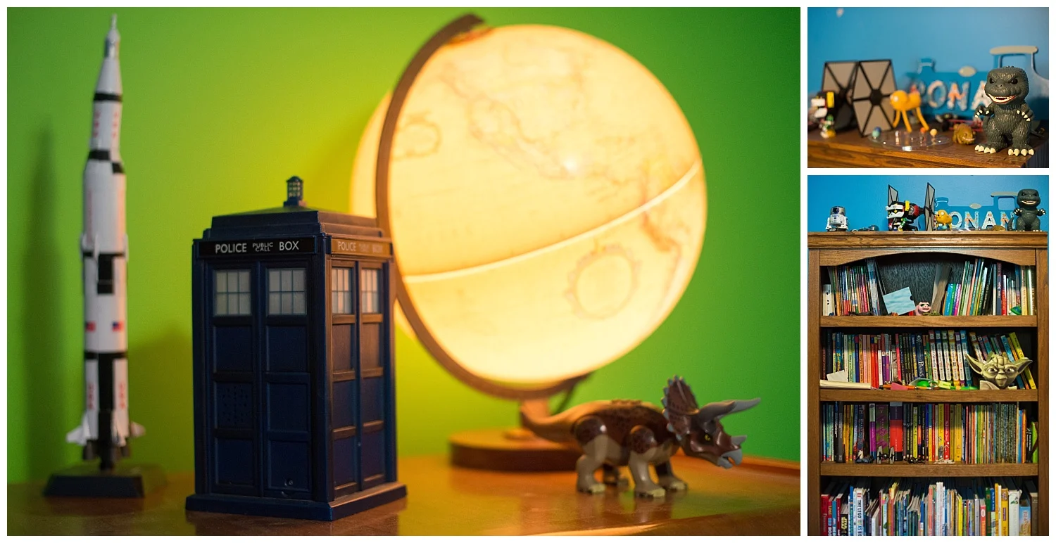 Eight-year-old Ronan's room. A TARDIS from Doctor Who and that light-up vintage globe from Fresh Digs sit atop his dresser. 