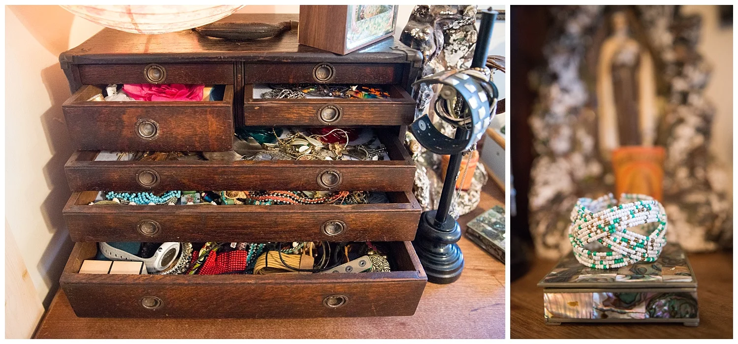 New and old meet in her bedroom. The new jewelry {beaded South African cuff (check out Mary in the background) and leather cuffs came from Fresh Digs}. And her jewelry box? An antique tool box. When it comes to home storage solutions, she really knows how to think outside of the box. Sorry, I couldn't pass up that pun opportunity.