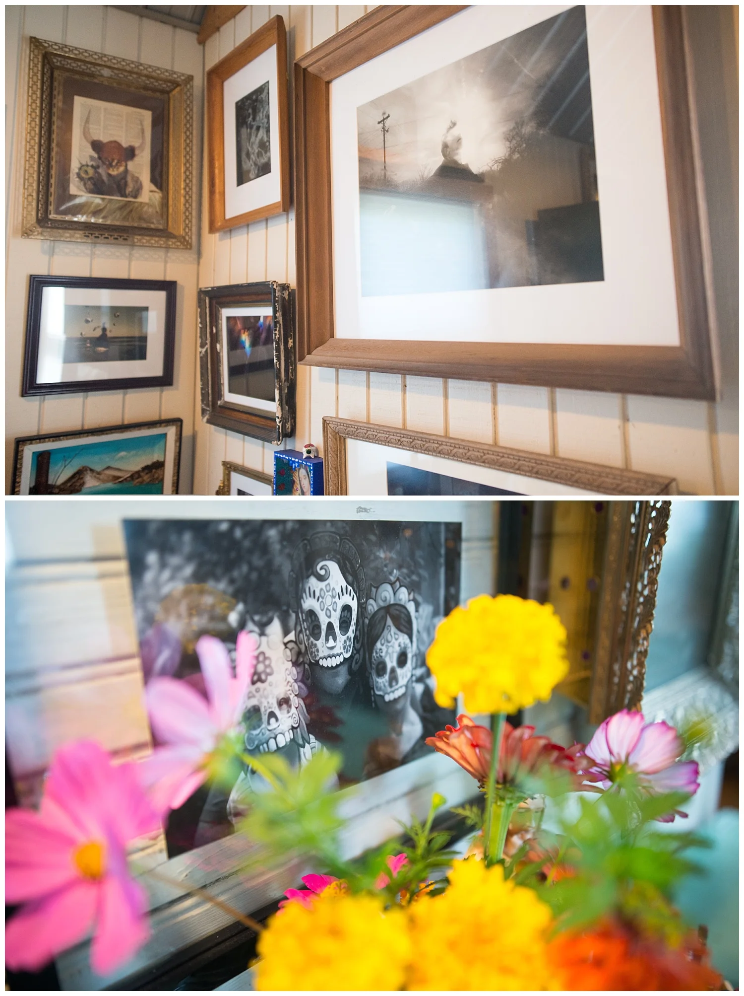 Tytia encourages people to print and display their photos and she is an avid collector of both professional artists' work and quirky stuff like the illustrated cat dictionary page she got from Fresh Digs and put in a vintage metal frame.