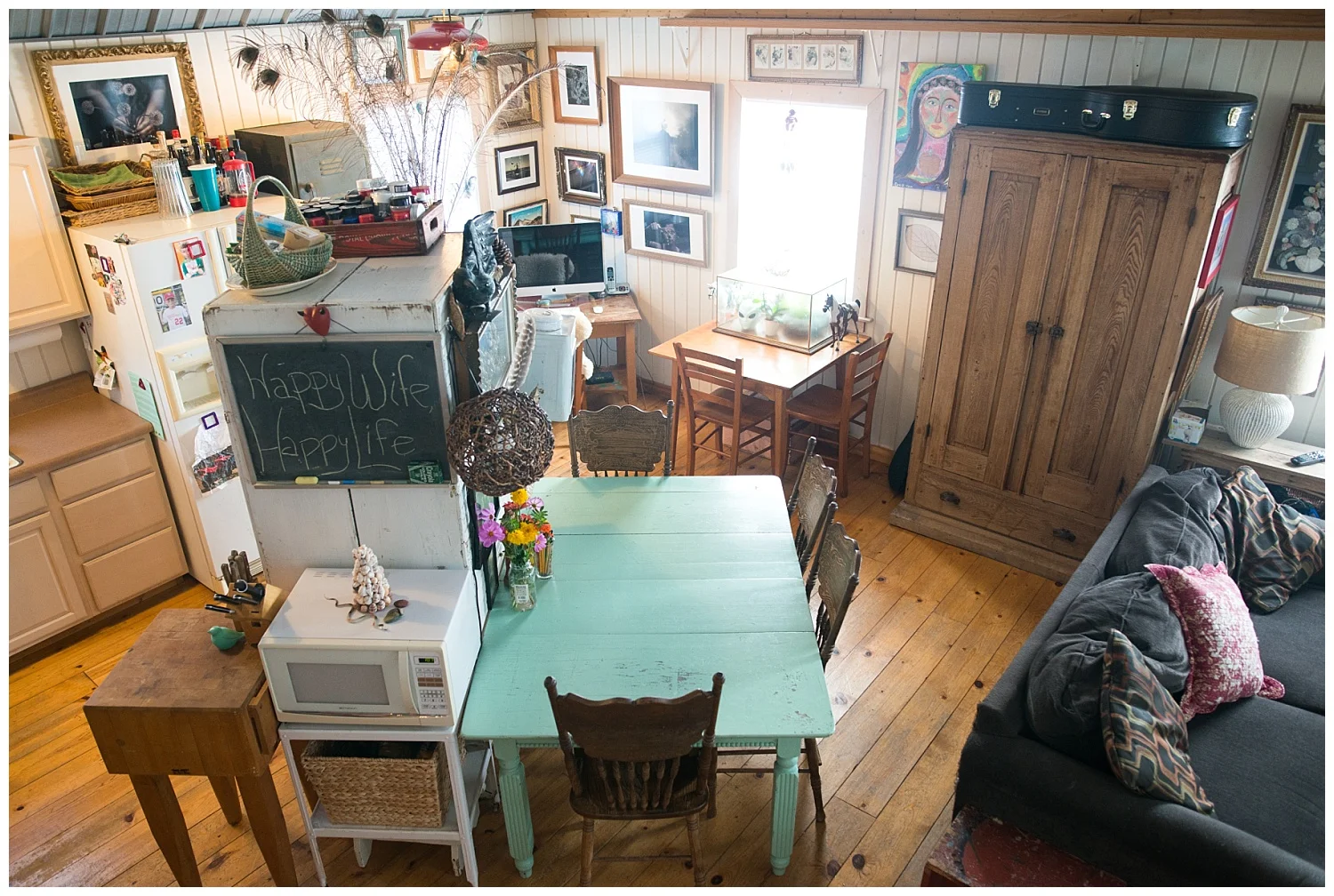 Look at how she manages the space in her home that was built for one person. Just take it all in. Her home has one bedroom, one loft, one bathroom, one central living area/kitchen, a hallway with laundry and a mudroom (very important in the country). Look how much wonderfulness she has in there. And an amazing yard/garden. Her studio is in an old house on her parent's farm. Perhaps she'll give us a peek sometime.