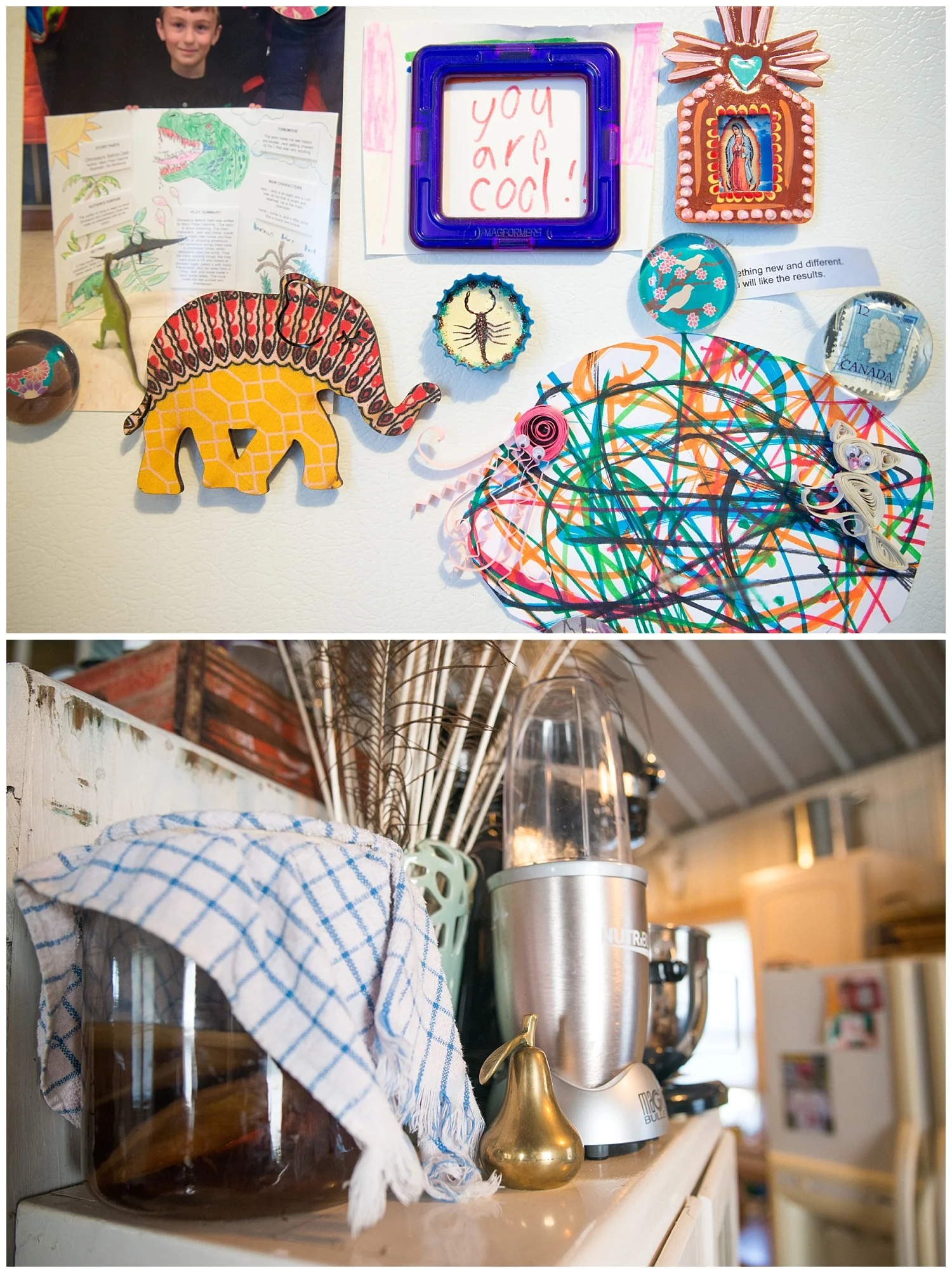 Kitchen goodies - I found the Canada stamp magnet at an awesome shop in Minneapolis called Shop Junket. Anytime I find a Canada anything I have to give it to her and Trevor. They've got to hate me by now. And that jar of something on the left? That's her kombucha brewing. 