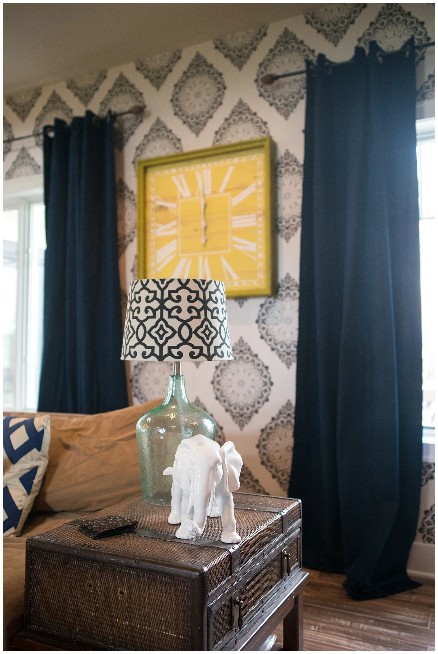 That gorgeous yellow clock was one of our Fresh Finds - limited time only deals posted to our Facebook page. Some people might be afraid to put such a fabulous clock over such fabulous wallpaper - thinking it'd be too much - but not Salina. And it works perfectly here. 