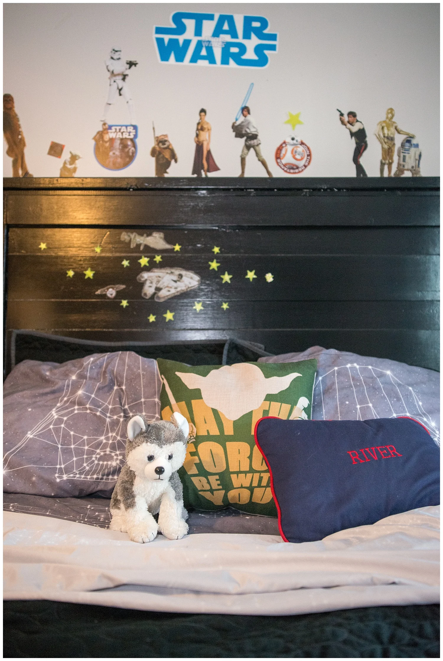River, to Salina's surprise, had to include the half-naked Princess Leia sticker on his wall. Don't worry, Salina, my son also insisted on hanging her up. : )