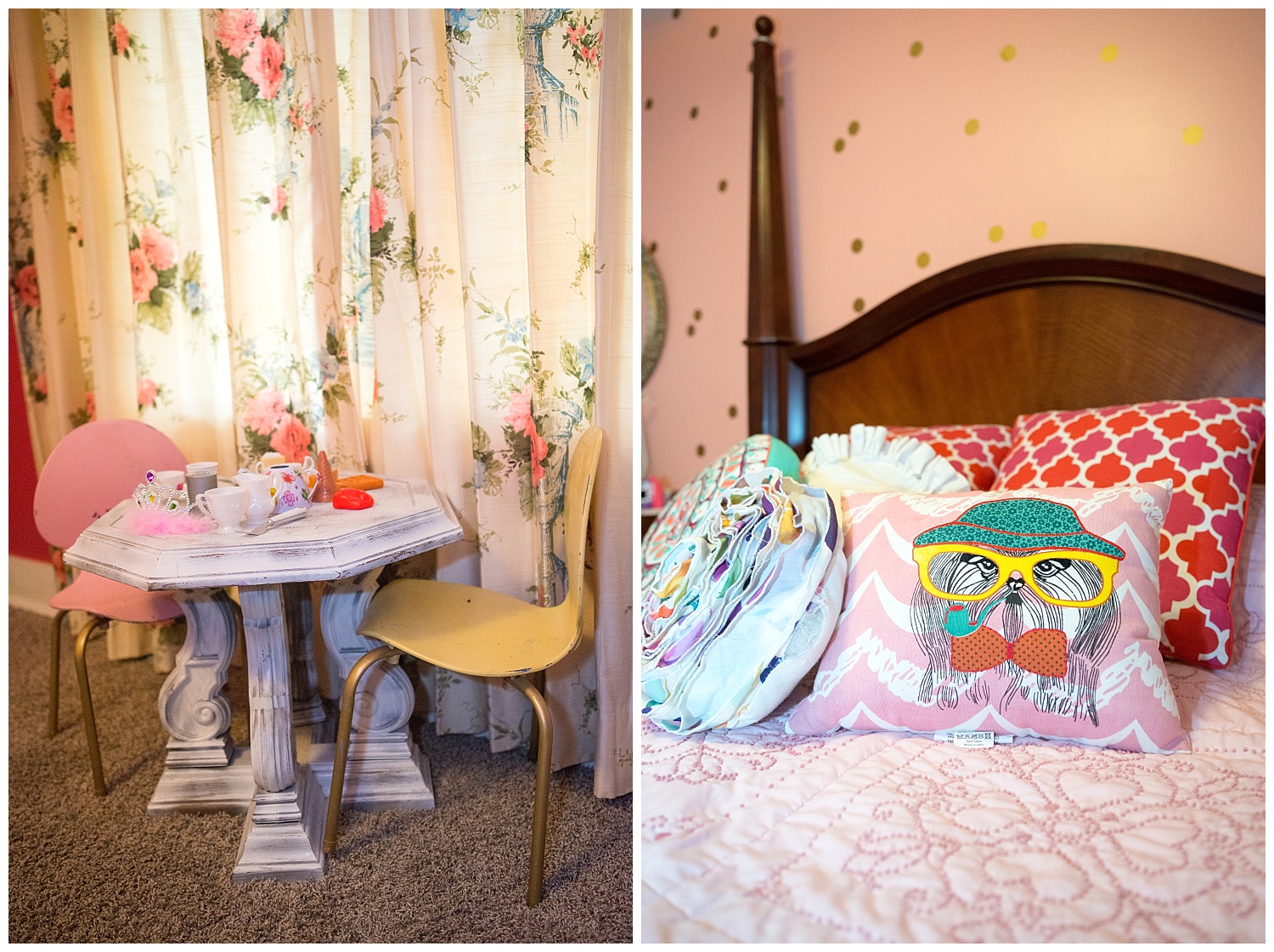 And here's Summer's room. How dreamy are those vintage pink curtains behind the table set for tea? We'll have to re-visit Salina's home as we've only scratched the surface. Summer has a bathroom that is to die for. Think the ruffliest, girliest pink shower curtain in the world.