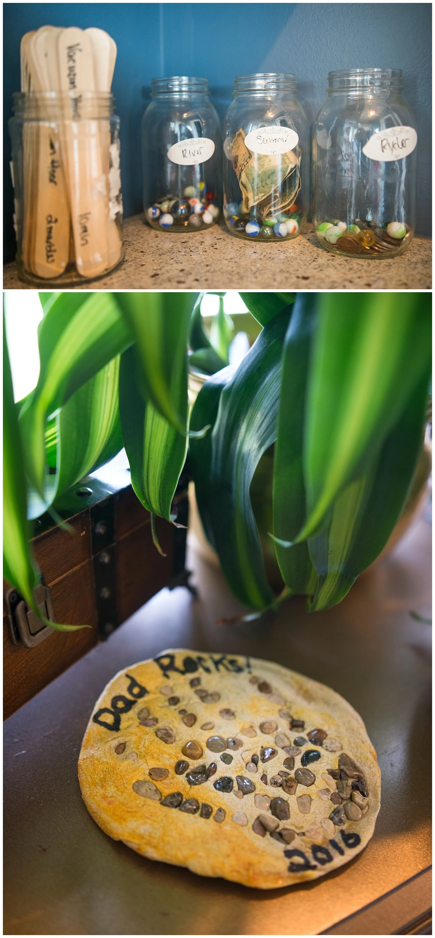 Kids live here. Up top is her marble system for keeping the kids in line and below is a work of art proudly displayed on Roy's bedside table.