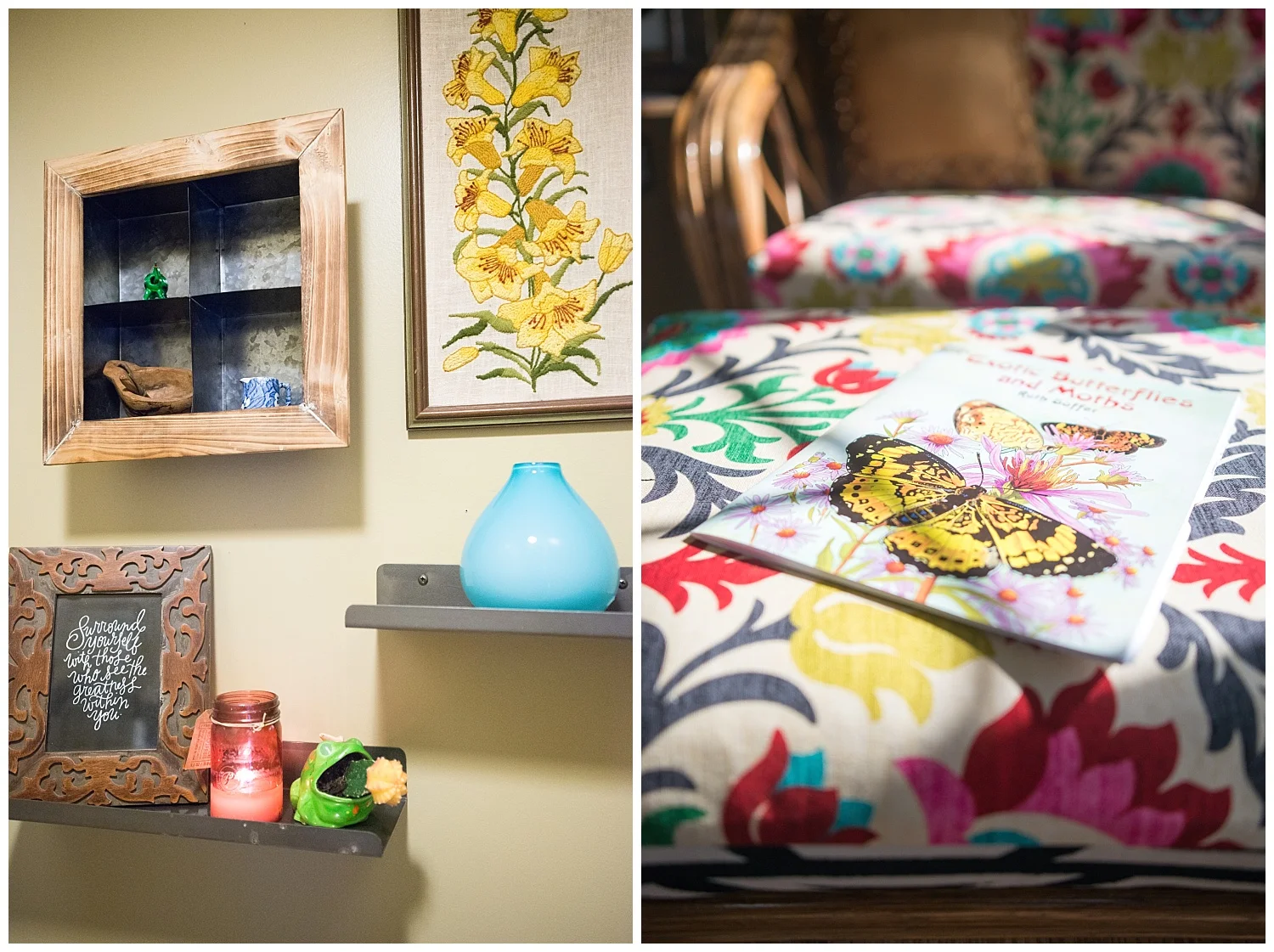 Color mixed with natural elements sums up her style. On the left are metal shelves from Fresh Digs. On the right is the gorgeous fabric she used to recover an old sofa and ottoman. 