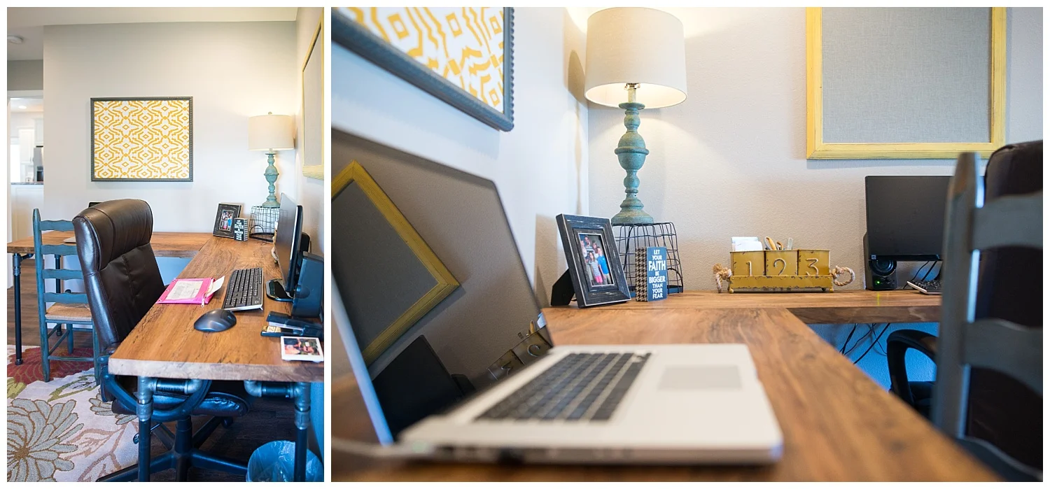 Elizabeth's office is the perfect home-office. She's got an L-shaped desk with a custom-built top by Gould’s Custom Woodworking, lots of things she loves and a closet to hide away all of those pesky office-y things. The unadorned pinboards above the desk are from Fresh Digs. 