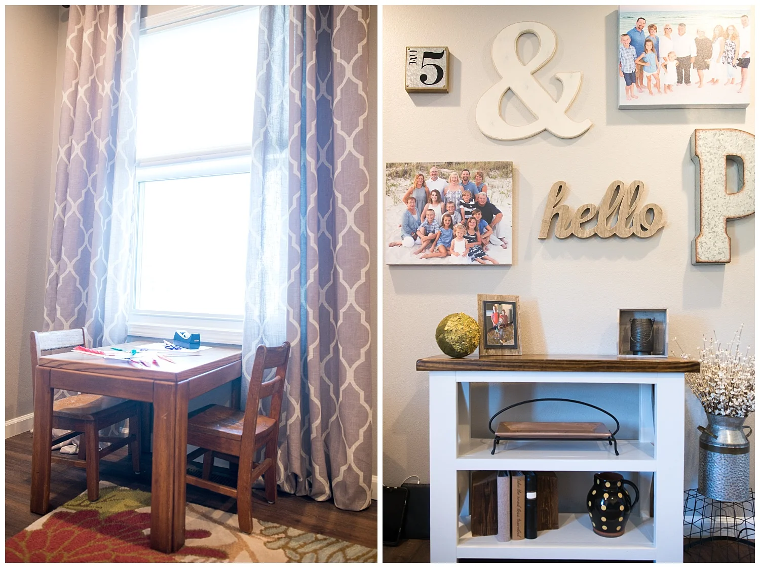 Even her kiddos have a desk whose top was worn out and replaced by the shop class at Newton High School when she taught there. On the right is a gallery wall of some of her favorite things.