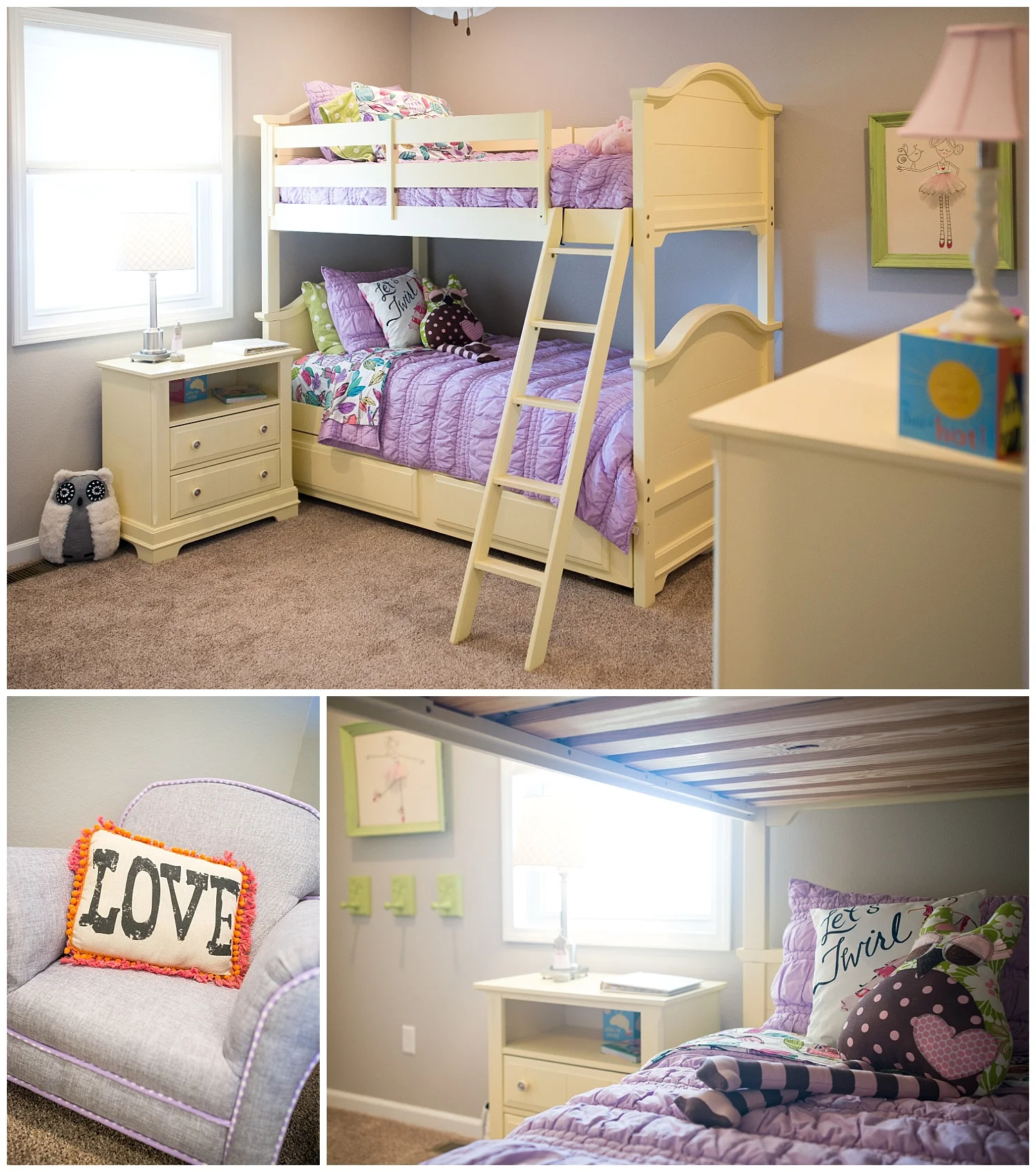 Halle's room. Purple and twirling ballerinas and a little lavender chair she had us custom upholster. Adorable. 