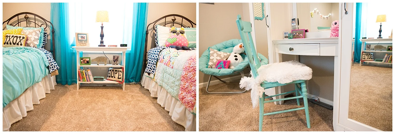 Ava's room. All of the kids' linens are from Pottery Barn. She thrifted and painted the white table. The painted chair and custom cushion in white fluff are from Fresh Digs. The unique mirrored vanity also came from Pottery Barn.