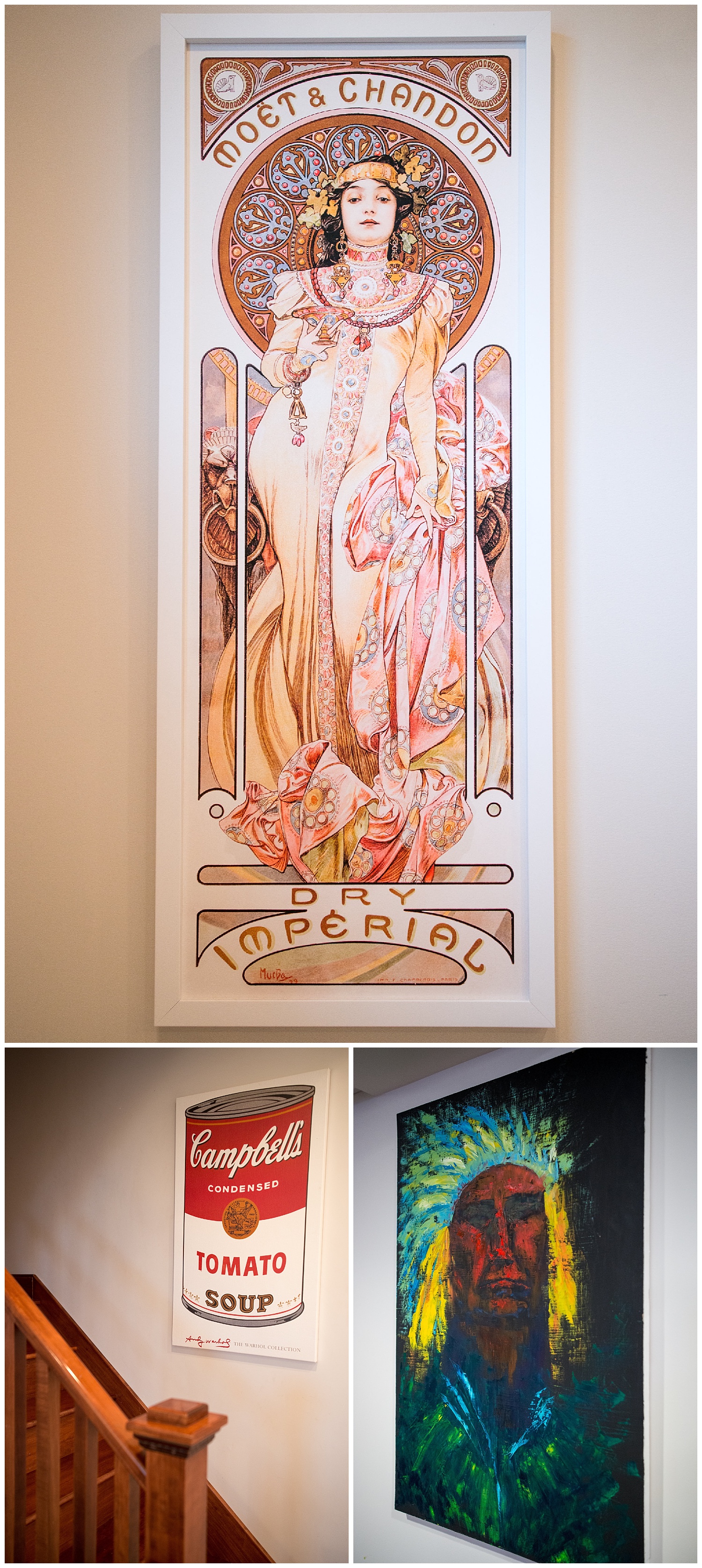 Leslie's artwork is all unique and all of it has meaning. Rich and Leslie have visited Moët in Champagne, France. The Warhol print was something she's had since college and she found the Chief at the Effingham Farmers Market. It's by local artist, Jasmine Reardon . 