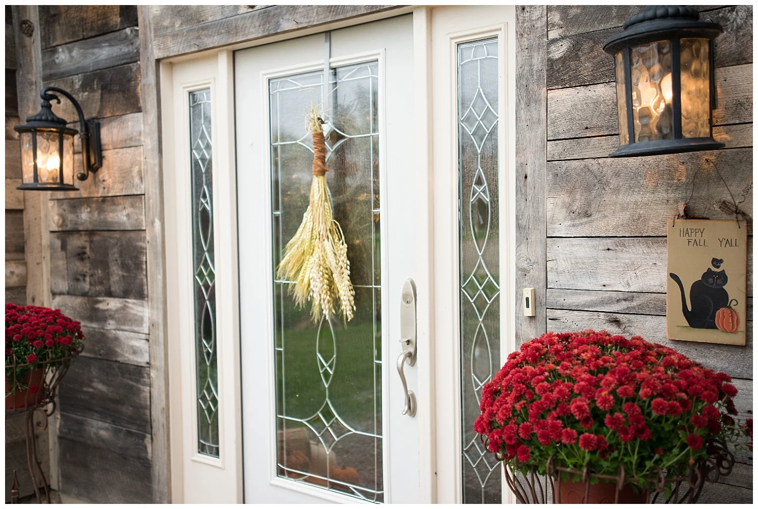 Their fabulous front door area decorated for fall. 