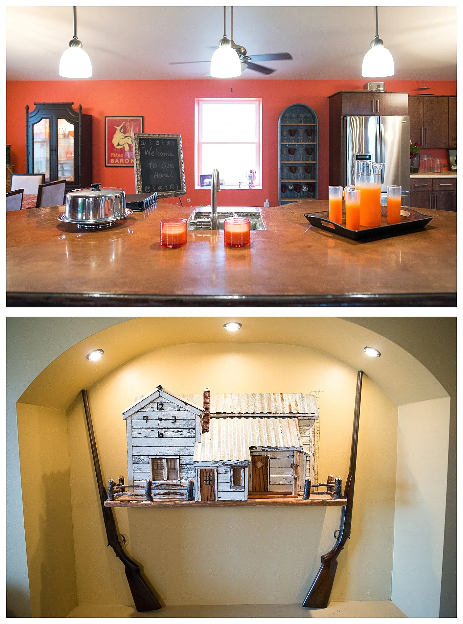 Maria: Bold orange, bling, frames and family photos. Terry: Beautifully reimagined natural materials. See the wine holder trough in the top photo? Terry crafted it out of an old trough. 
