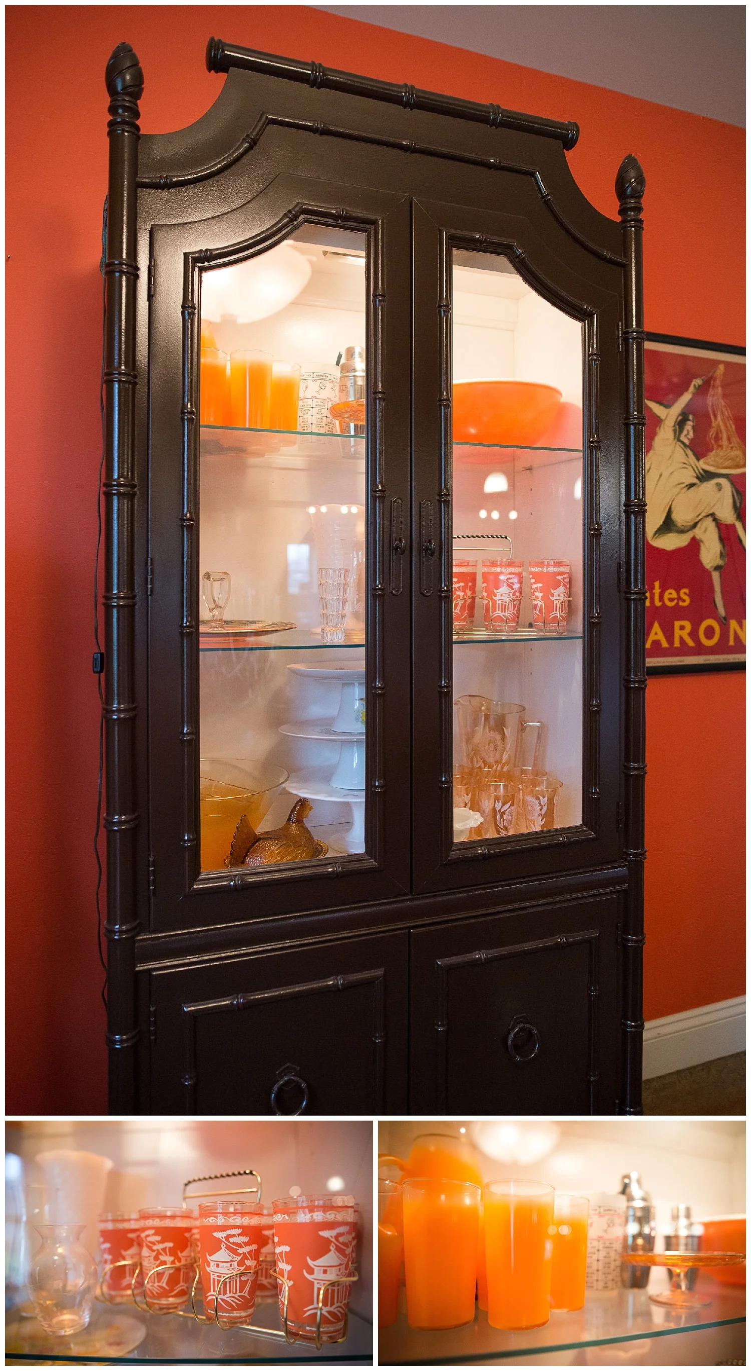 The painted bamboo china cabinet is one of Maria's many fabulous found objects and she's filled its glass shelves with choice vintage serveware pieces in orange, chrome (see those cocktail shakers in the back?), amber glass (cake platter), clear glass and the most beautiful collection of cake stands. Check out how it all pops thanks to the cabinet's light. 