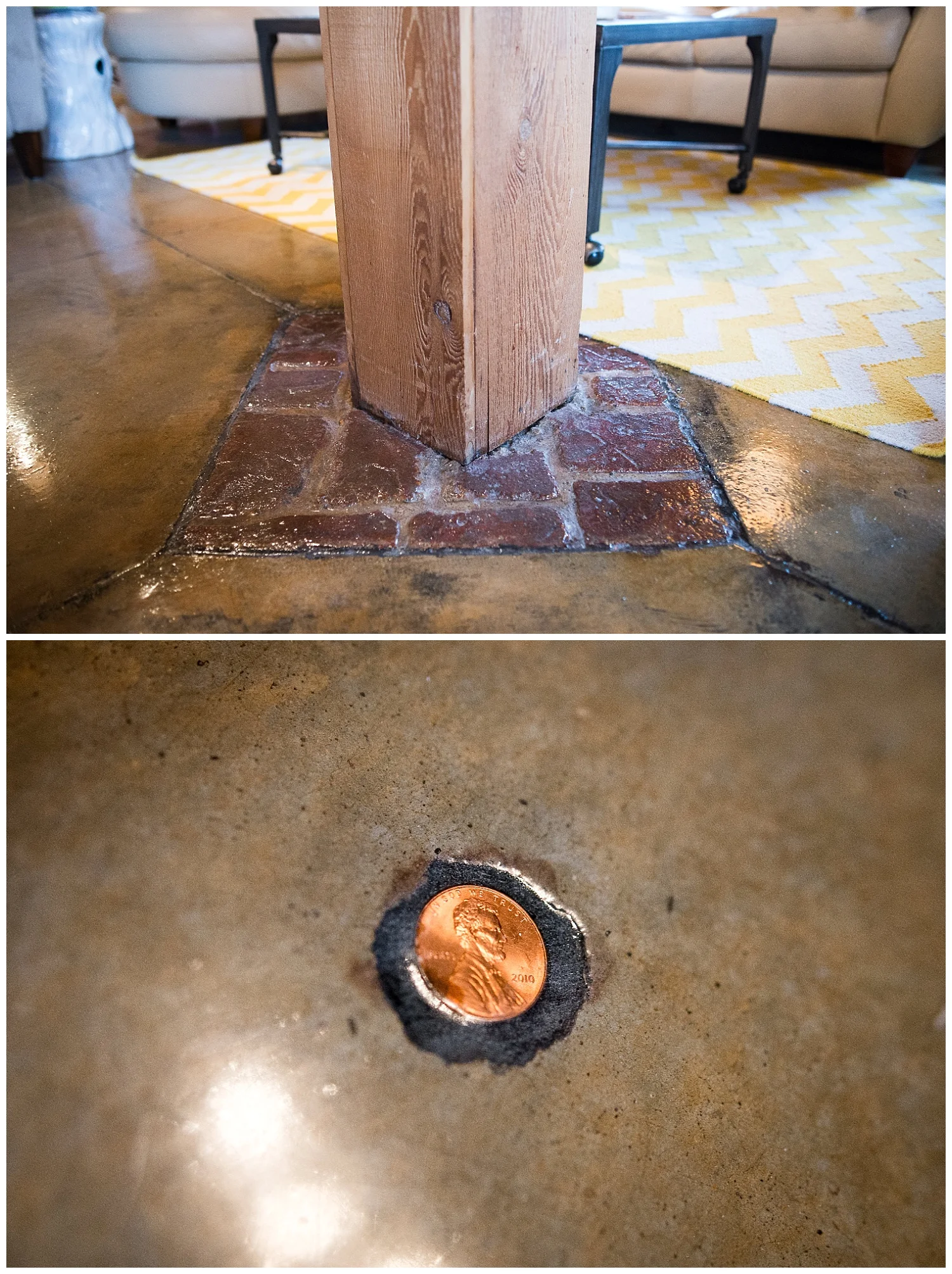 Nope, not brick. Concrete. A bubble appeared in the floor so they turned it into a feature by adding the penny.