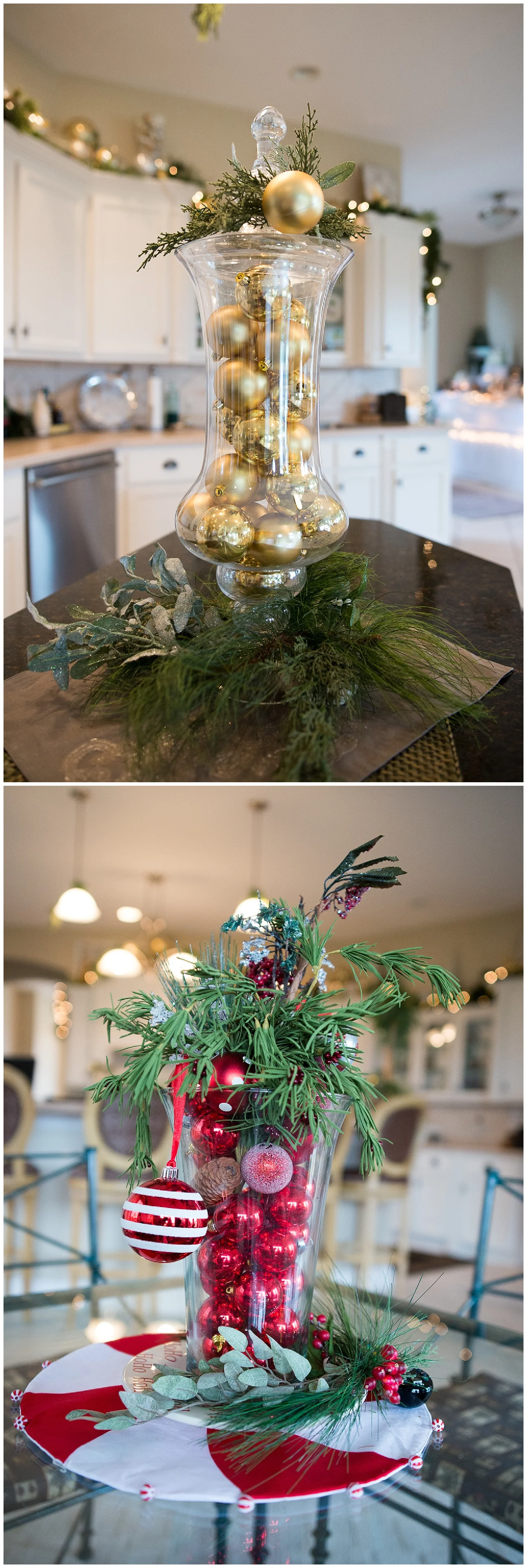 Don't have a lot of decorating space or perhaps you're low on storage space but want to do something? Try Patty's trick of filling a glass jar with ornaments. Simple and striking.