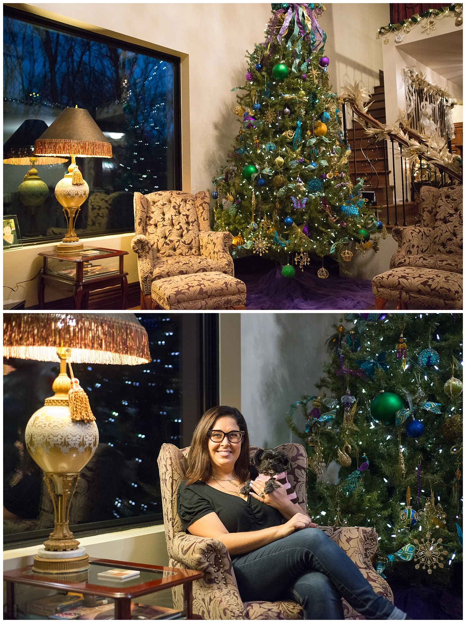 Filling the 12' tree with meaningful ornaments wasn't a difficult task. Chandra (pictured) has been collecting them for the past 20 years and being a hairdresser she has received many as gifts from clients. And let us not overlook the vintage lamp sitting next to her. Gorg.