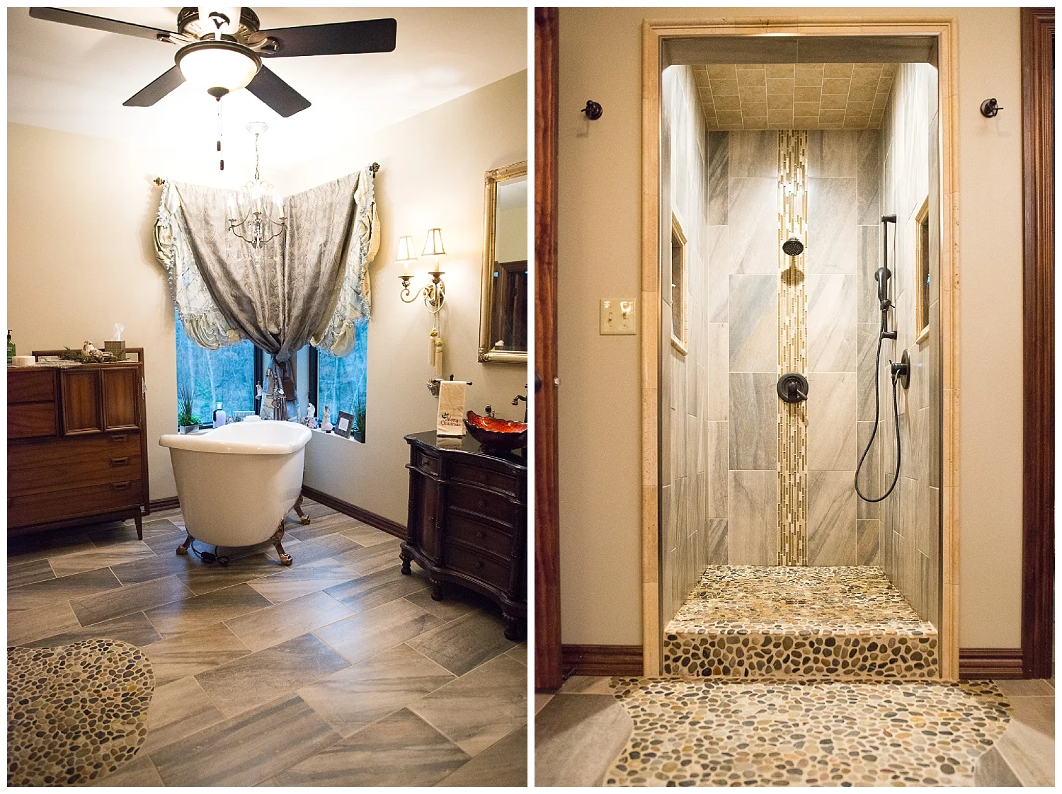 The master bath with a shower that slays me. The forced air tub faces the windows and the shower is equally gorgeous to look at. The artistically laid out stone is so very cool. P.S. In addition to loving both old and bling, Chandra is a mad DIY'er. Next time you see her ask her about her hot glue obsession. Yes, hot glue was used in this room. 