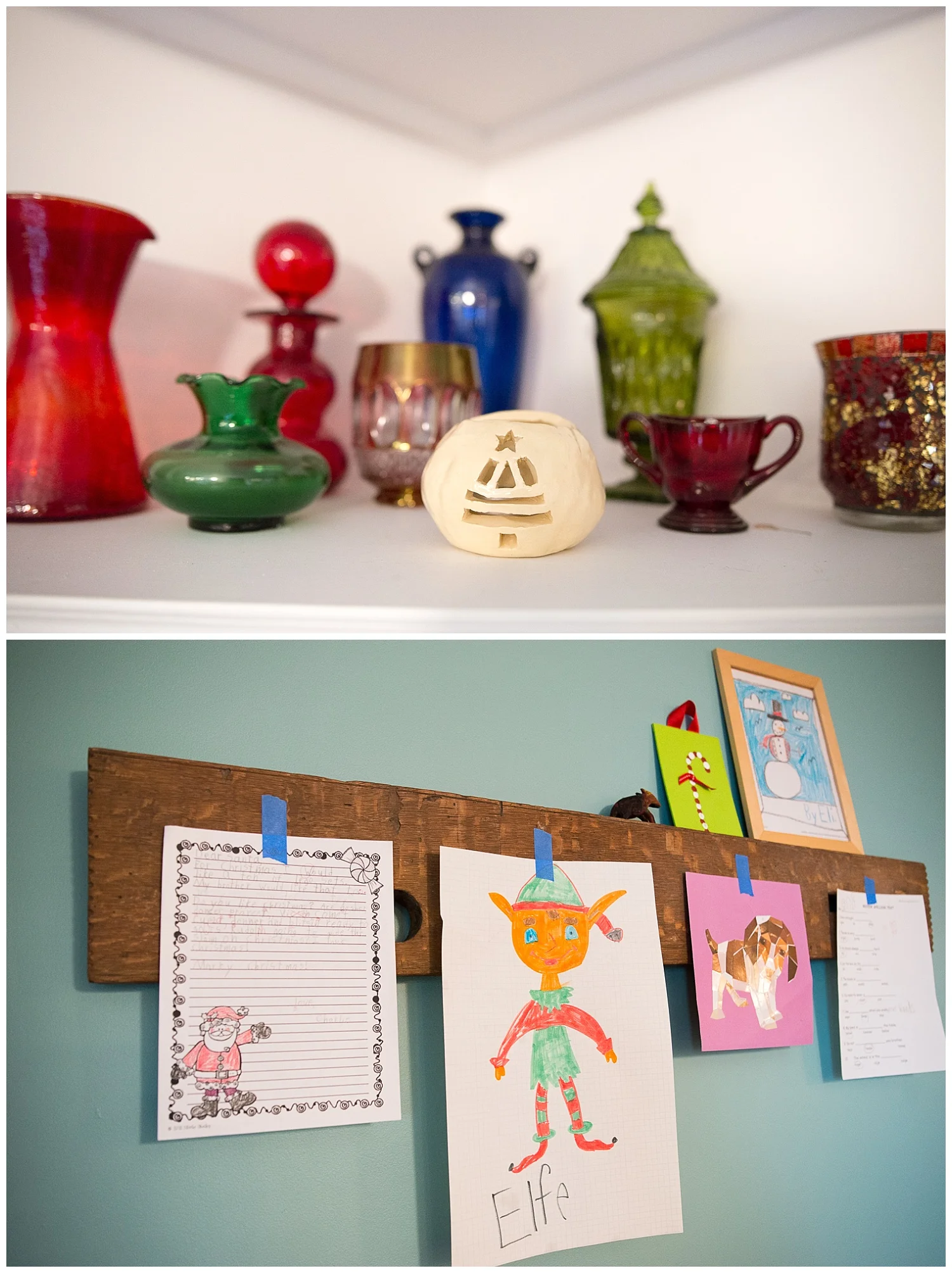 This collection of glass was in Christy’s grandma’s house and the blue vase came from her cousin who was in the Peace Corps in Jordan. Below is an ingeniously simple way to display the kids’ artwork - a family heirloom spinning wheel’s seat and painter’s tape.