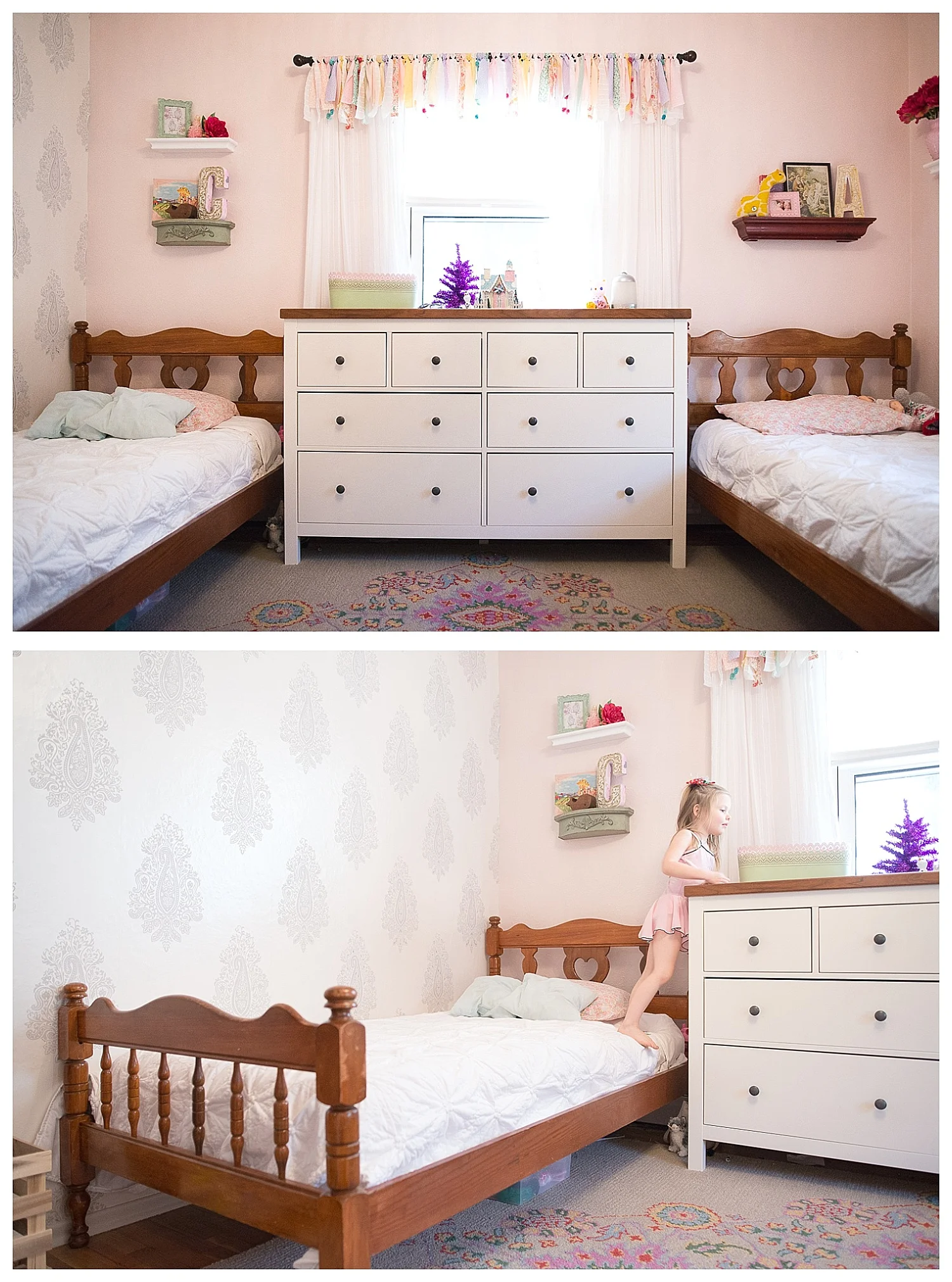 A frequent customer of the Café offered these beds to Kevin when their boys were small. He declined - the hearts in the beds were a tad too feminine. Luckily for them all, the customer still happened to have the beds when the girls were born. Kevin found a top for this Ikea dresser at the John Boos Outlet in Effingham.