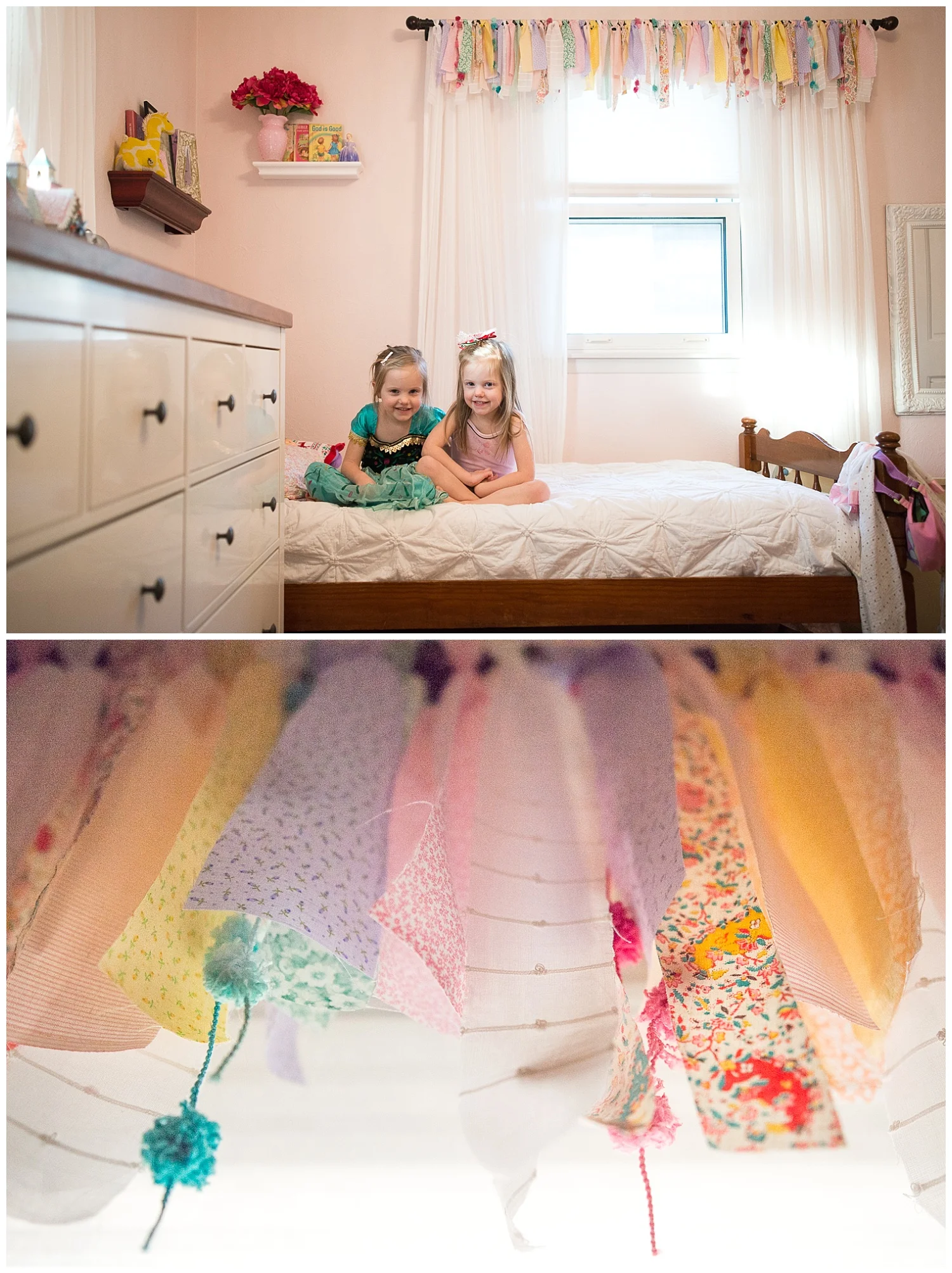 Here are the adorable occupants of this room – Clara and Anna. Christy incorporated fabric from her great grandmother’s housecoat (the colorful fabric) to make the girls’ valance. 