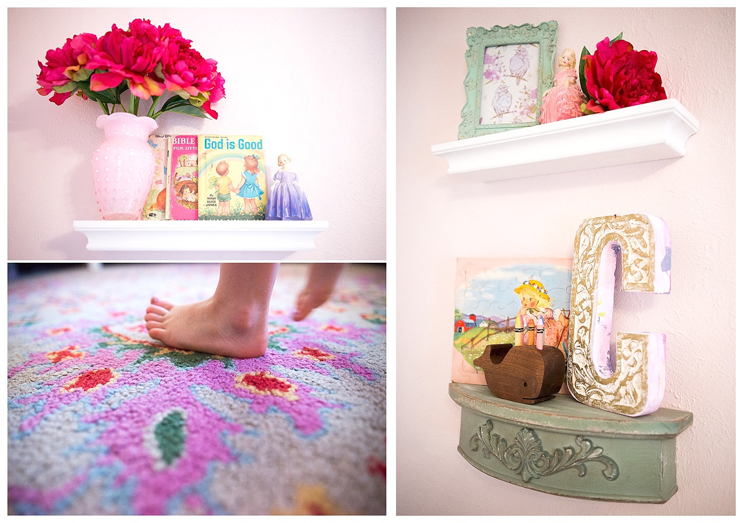 The whale was Christy’s, the puzzle was her first Hobnob Market purchase and the pink and purple girls were gifts to her grandma from her grandfather when he was overseas in the Army.