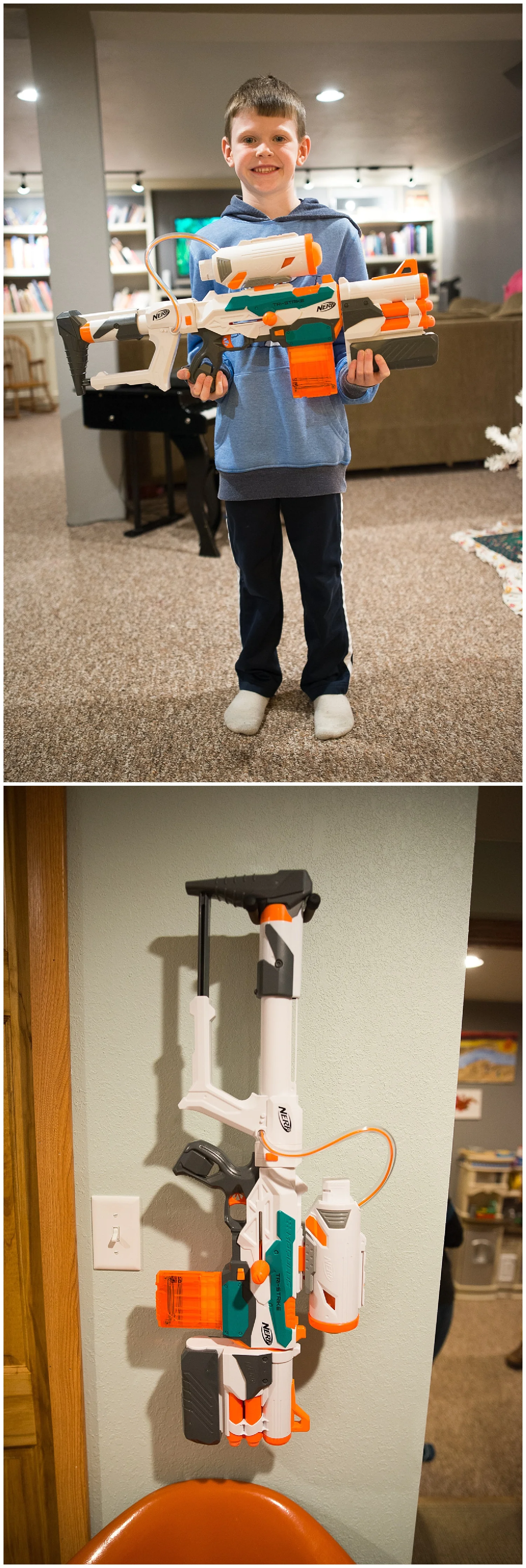 And Eli’s favorite thing is his Nerf gun. It hangs on the wall from a guitar holder.
